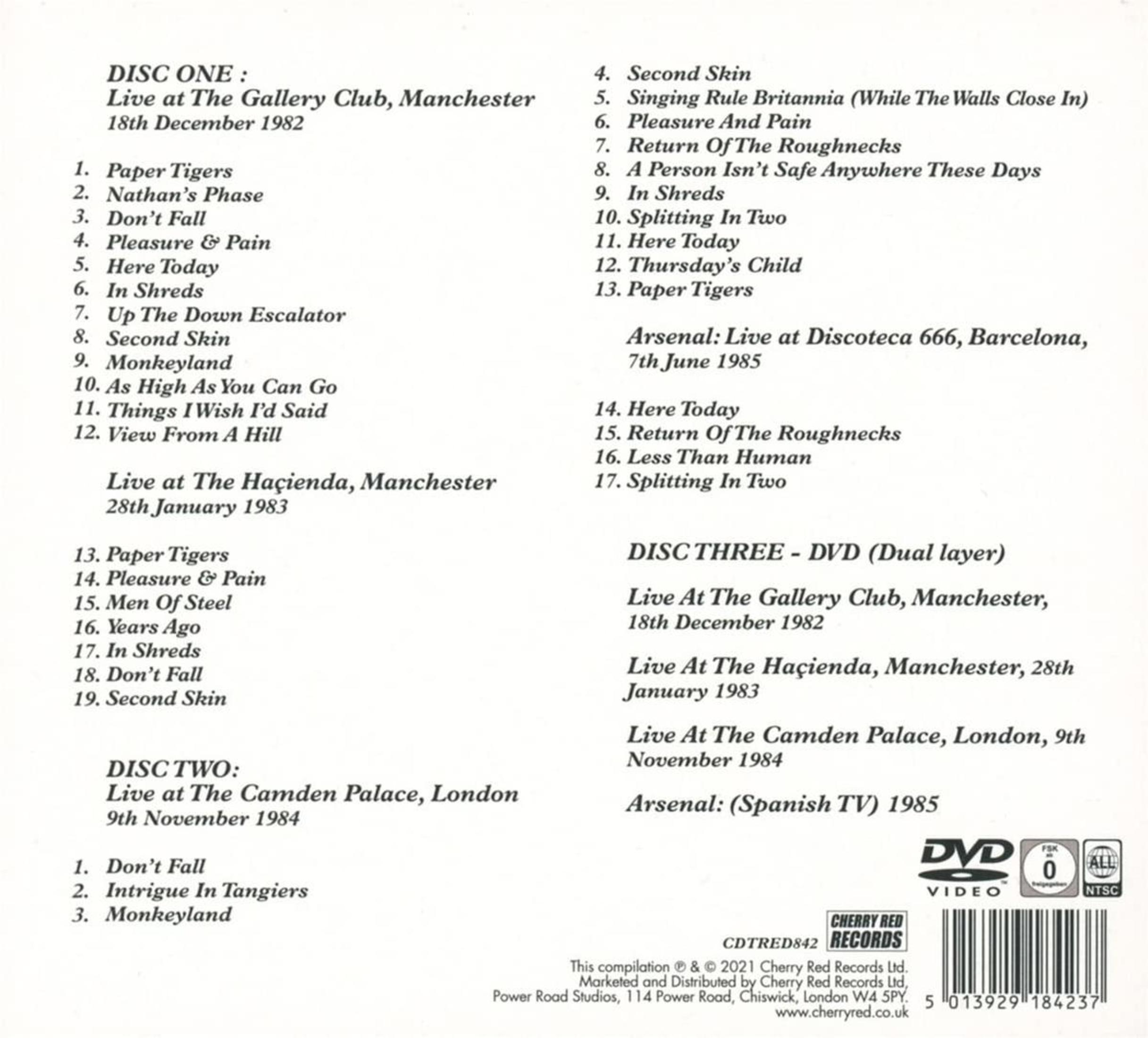 A CD cover with text listing concert dates and song titles from different venues, with a DVD logo.