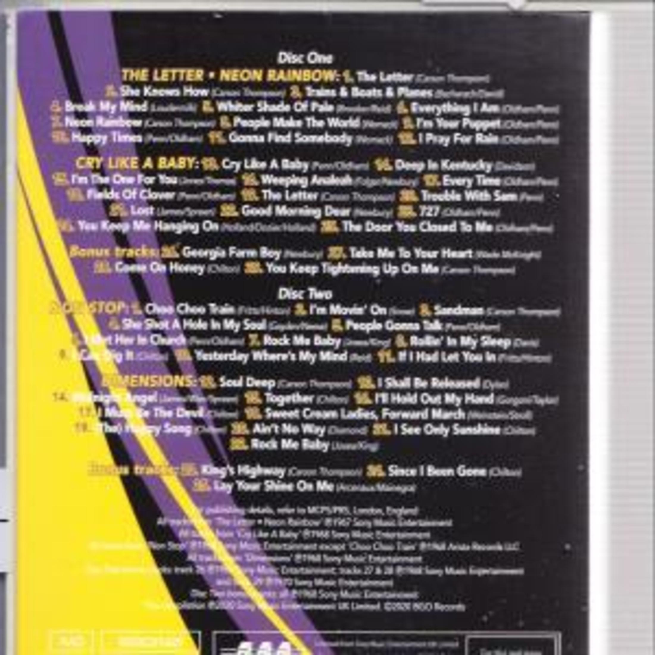 Albumcover mit Songtiteln. Lila und gelbe Akzente. Der Text enthält 'The Letter' und 'Neon Rainbow'.