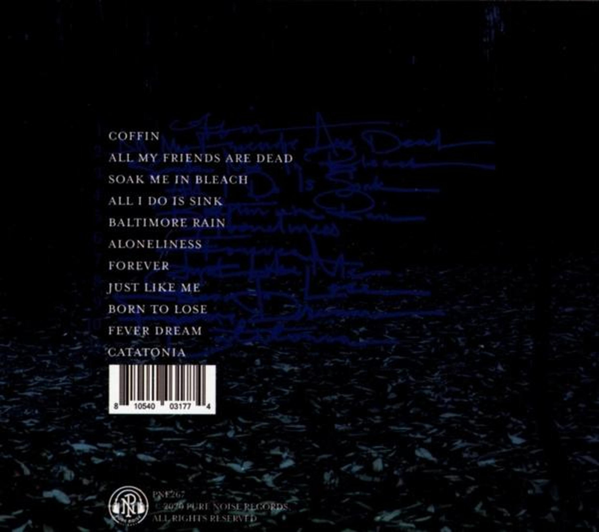 Albumcover mit dunkelblauem Hintergrund, weißem Text und blauem handschriftlichem Text. Enthält Barcode und Pure Noise Records Logo.