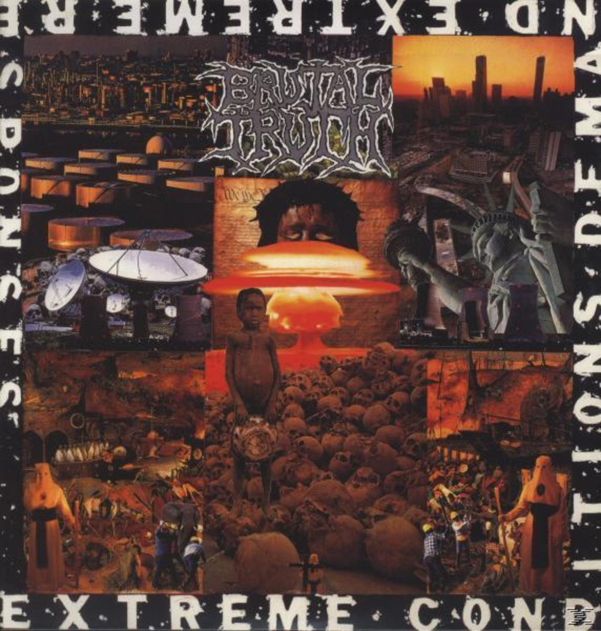 Albumcover: Collage mit Stadtlandschaften, einem Kind, einer Atompilzwolke, Schädeln, Freiheitsstatue und Figuren in Roben. Text: Brutal Truth.