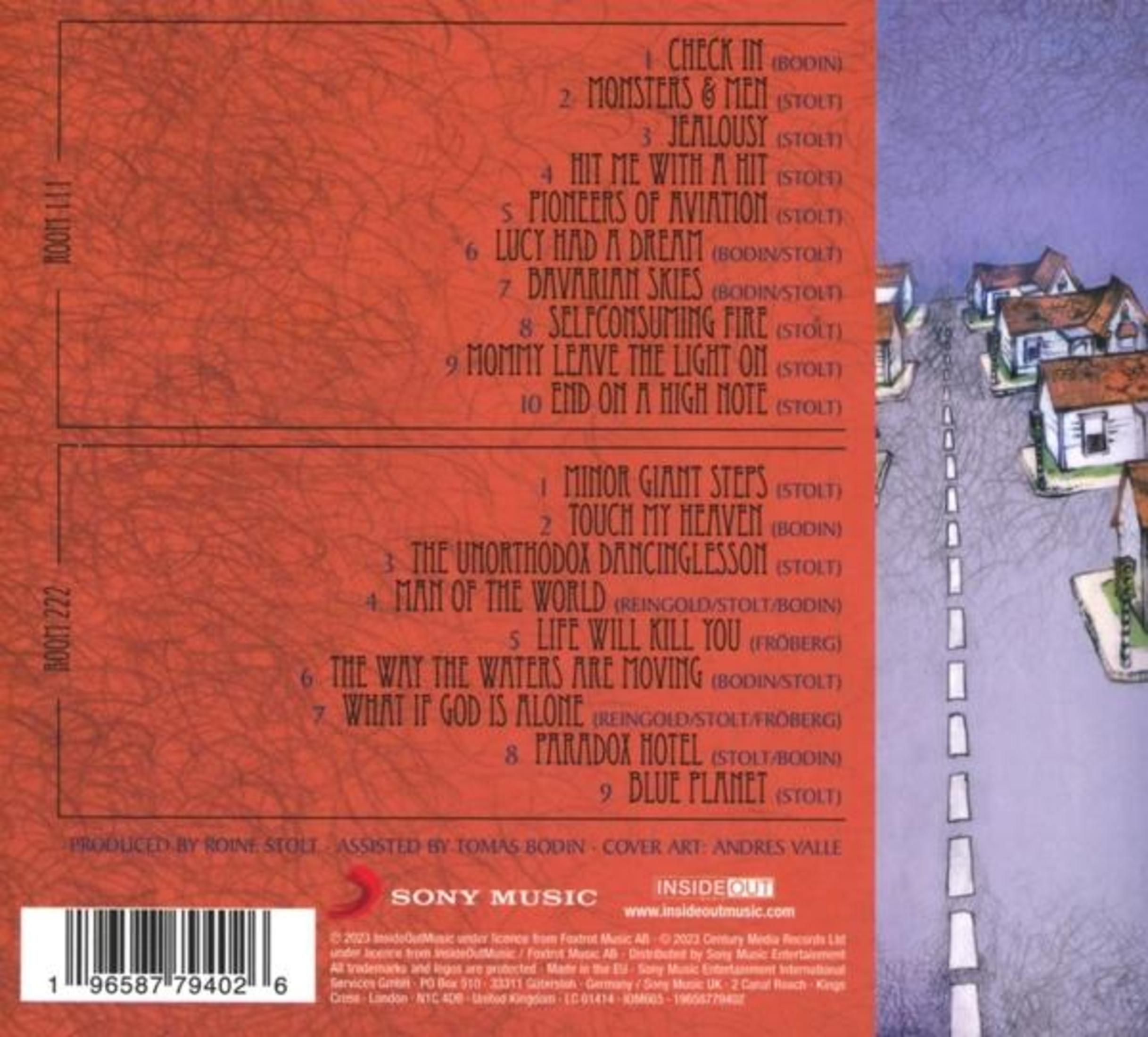 Albumcover mit Titelliste und einer Straßenszene mit Häusern. Das Cover ist in Rot-, Lila- und Grautönen gehalten.