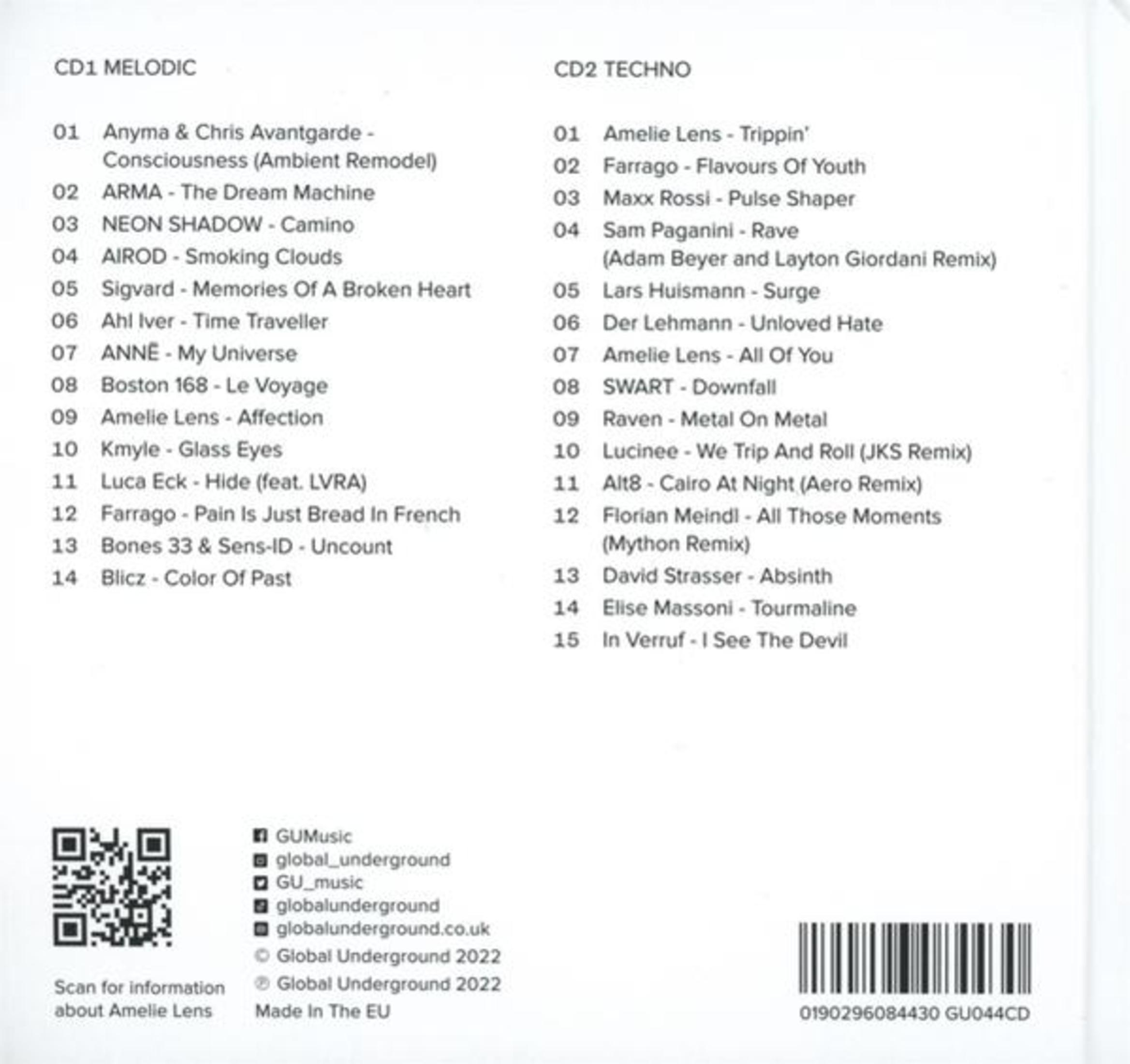 CD-Cover mit zwei Titellisten mit der Aufschrift 'CD1 MELODIC' und 'CD2 TECHNO', mit einem QR-Code und einem Barcode.