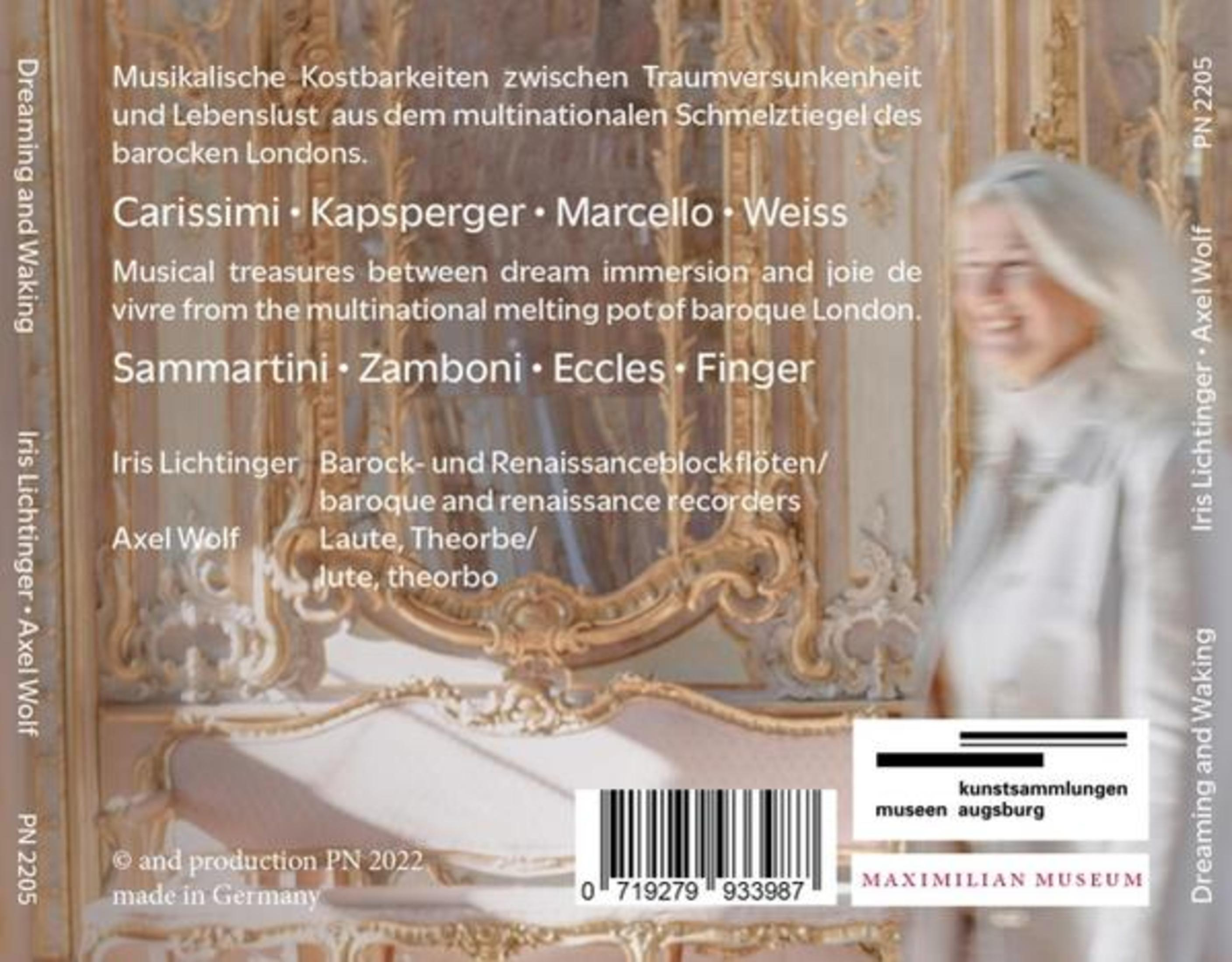 CD-Cover mit Text und einem verschwommenen Bild einer Frau. Text erwähnt Komponisten und Barockmusik.
