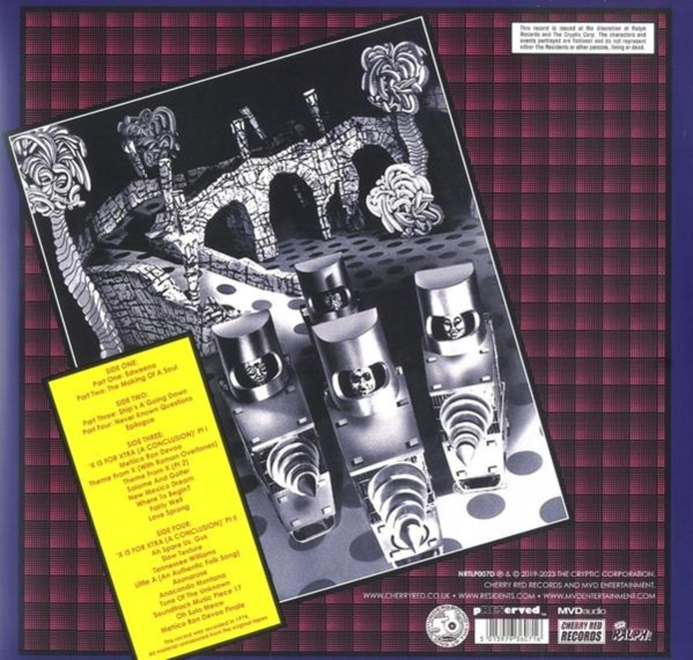 Albumcover mit Robotern und Torbögen. Eine gelbe Liste zeigt Songtitel. Roter und schwarzer karierter Hintergrund.