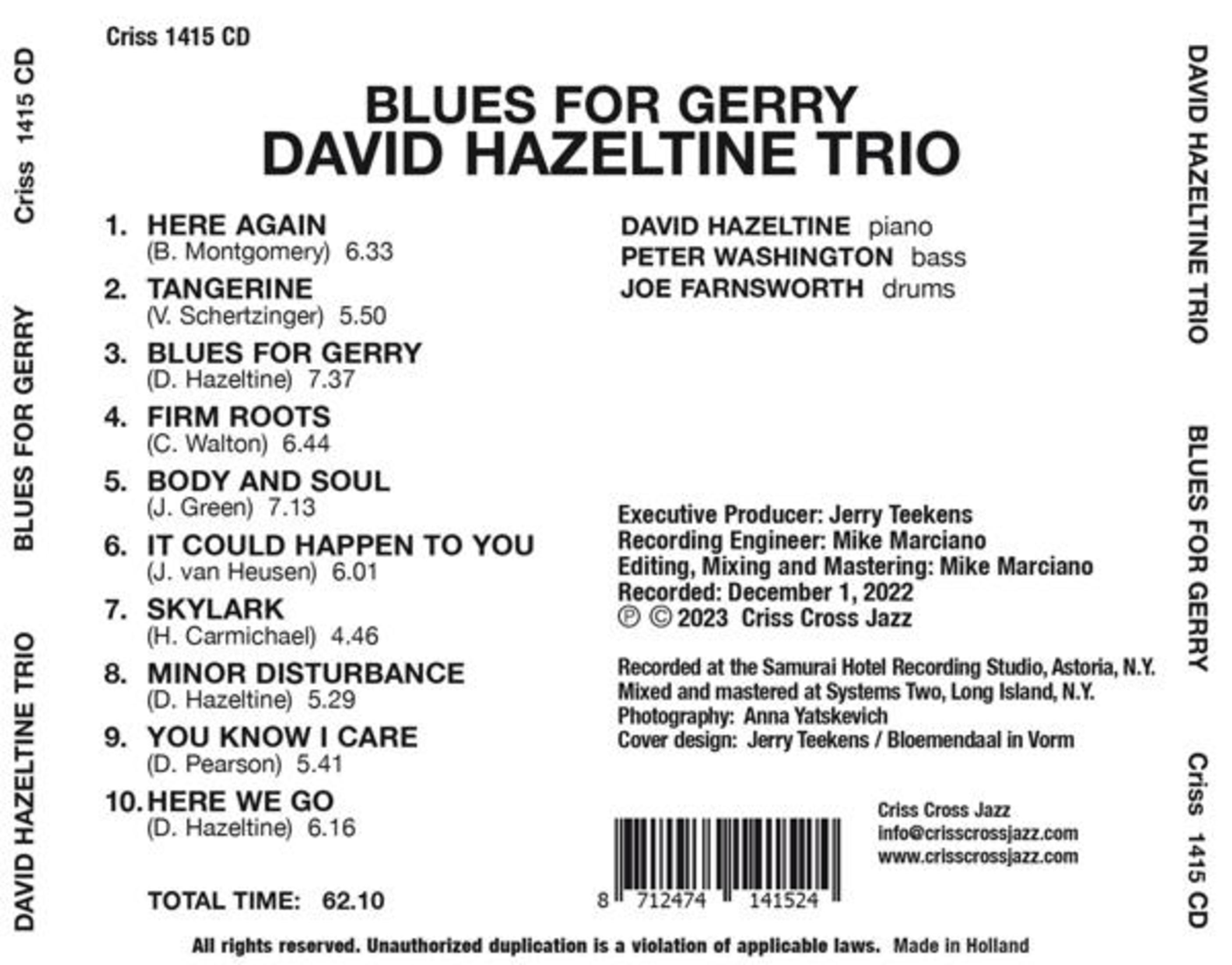 CD-Cover für "Blues for Gerry" von David Hazeltine Trio. Text listet Songs, Credits und Kontaktinformationen.