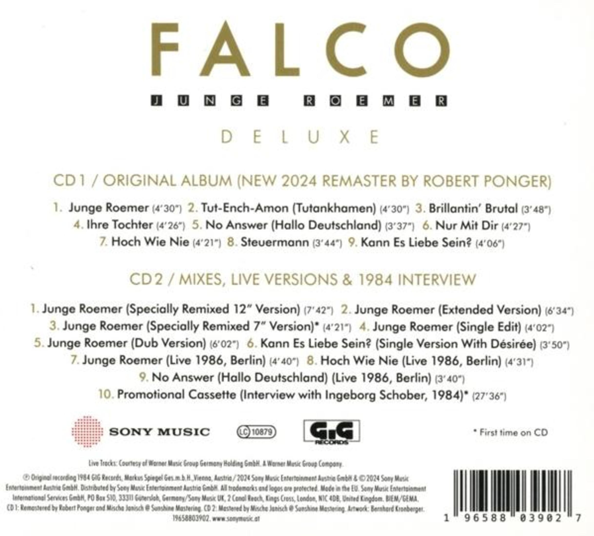 Albumcover von Falco's Deluxe. Es zeigt Titellisten und das Sony Music Logo.