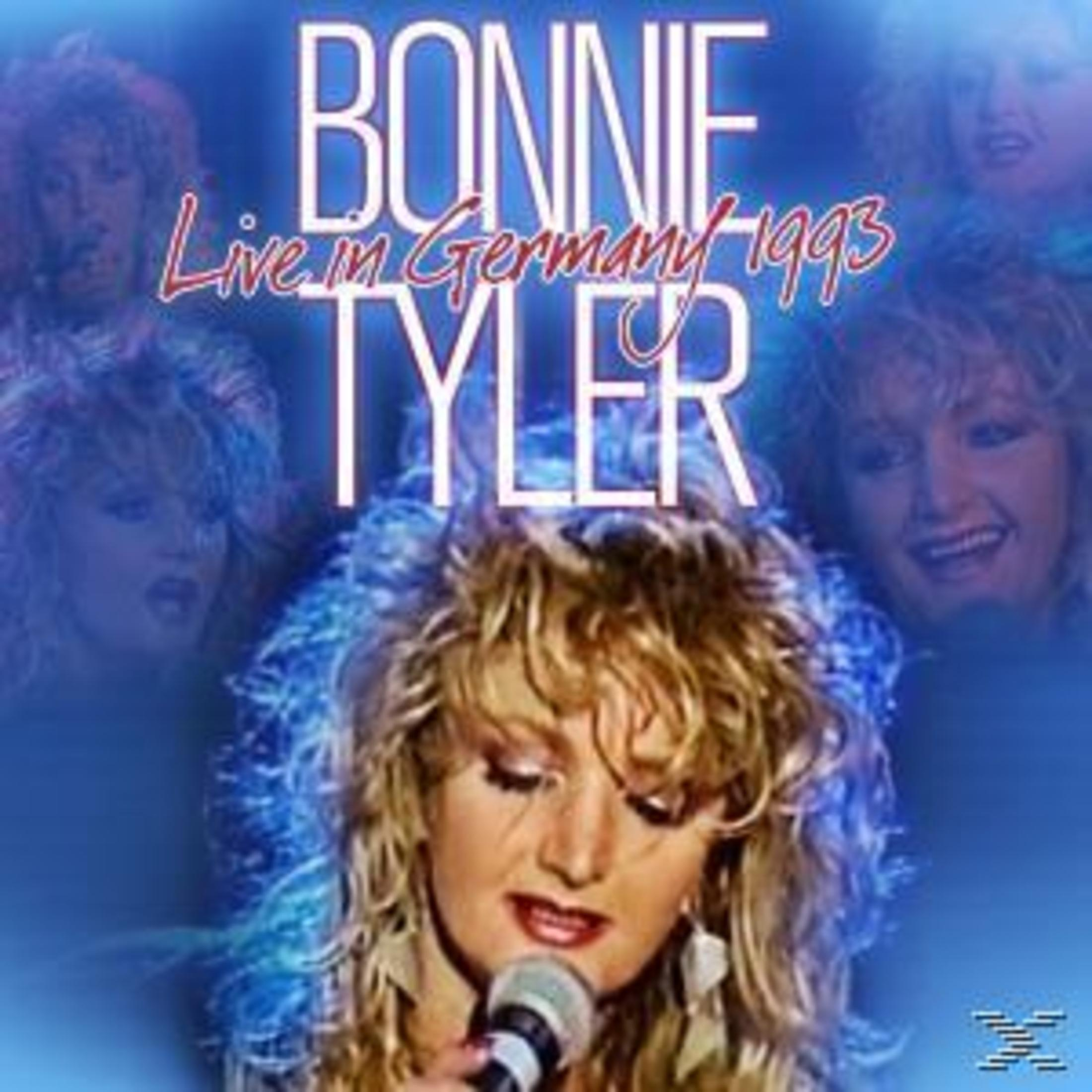 Albumcover von Bonnie Tyler mit dem Titel "Live in Germany 1993". Enthält ein Foto von ihr mit Mikrofon.