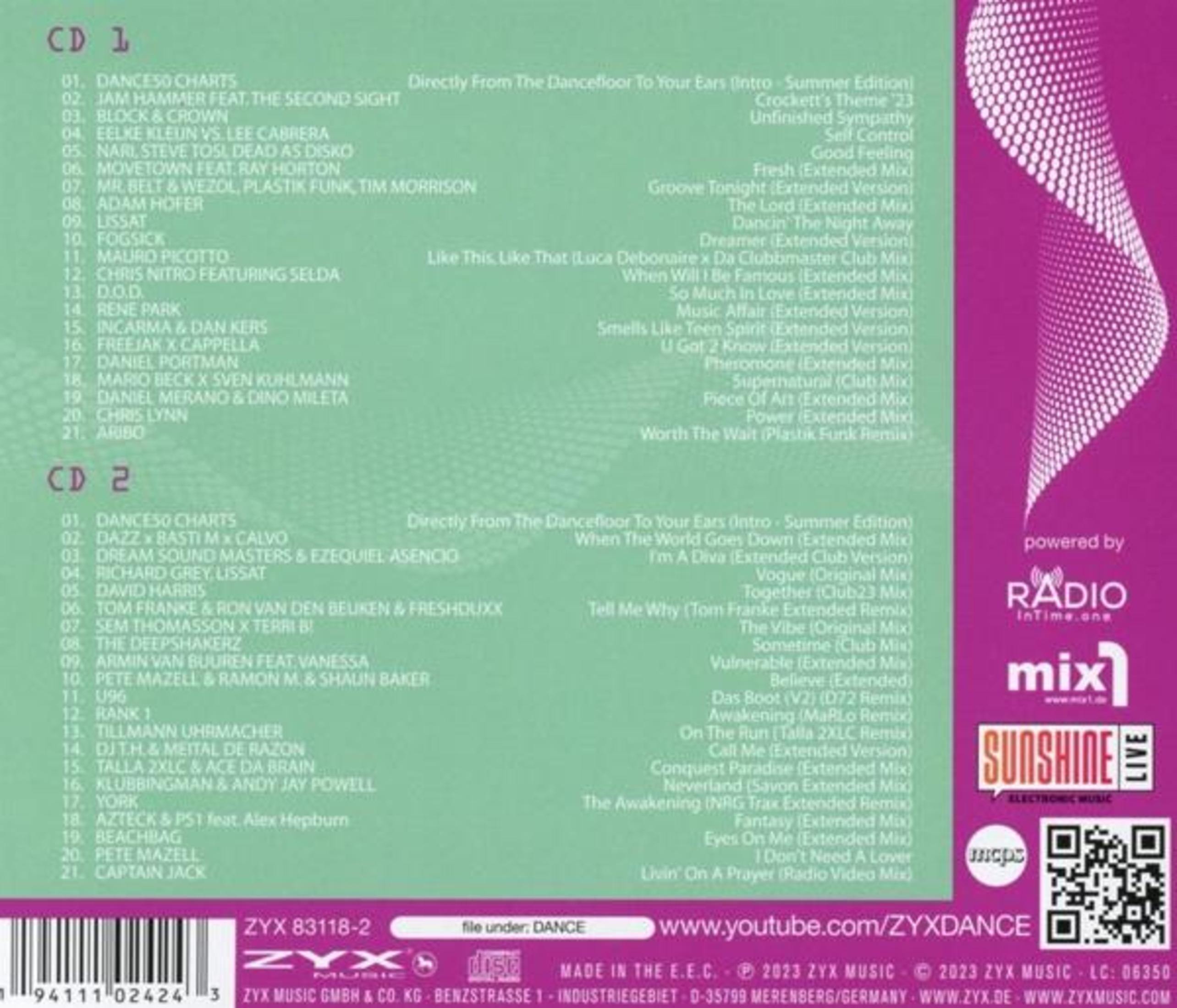 CD-Compilation mit Titellisten. Lila und weißes Design mit Radio-Logo und QR-Code.