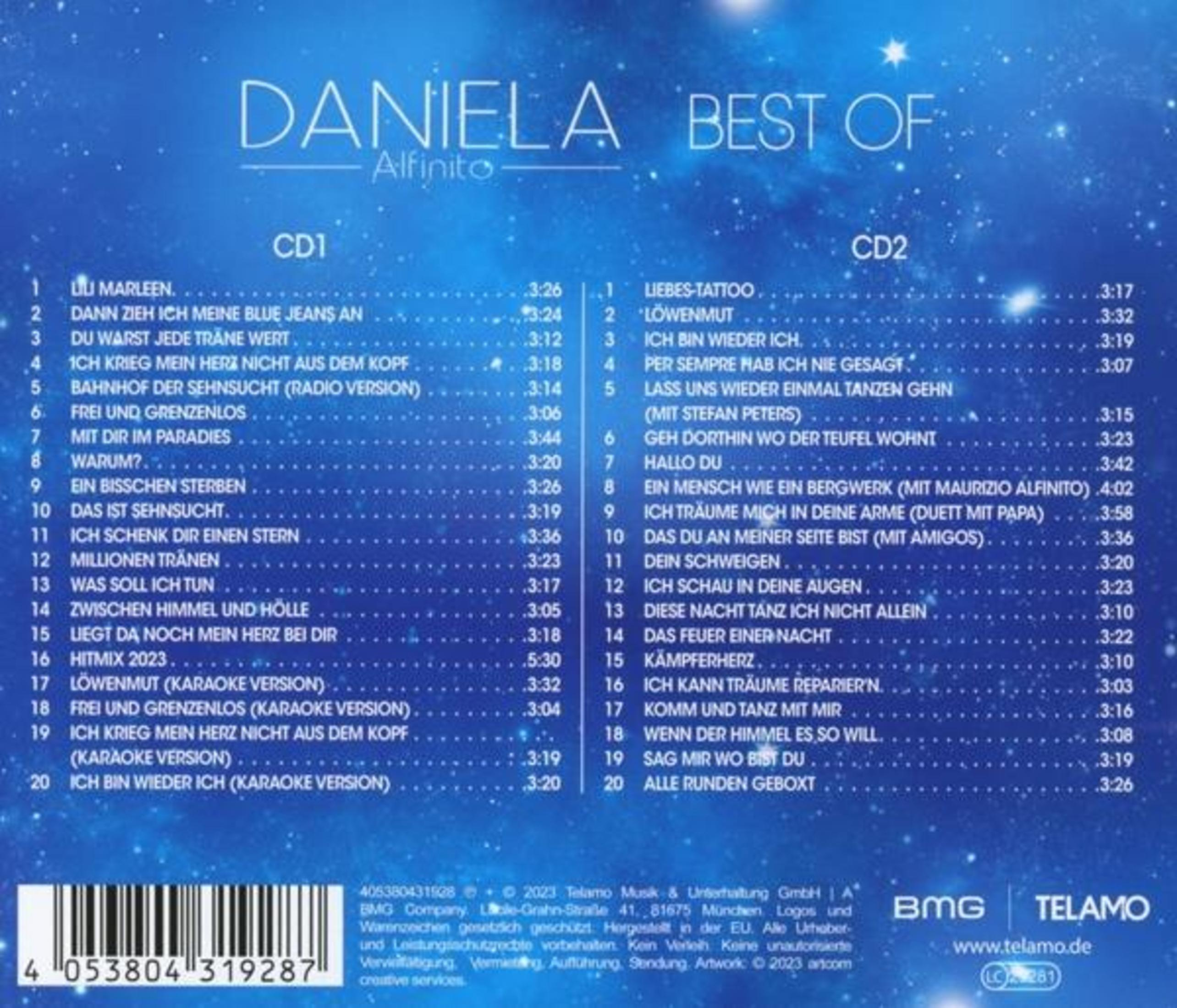 Albumcover von Daniela „Best Of" mit Titellisten auf blauem Sternenhintergrund. Der Titel ist weiß.
