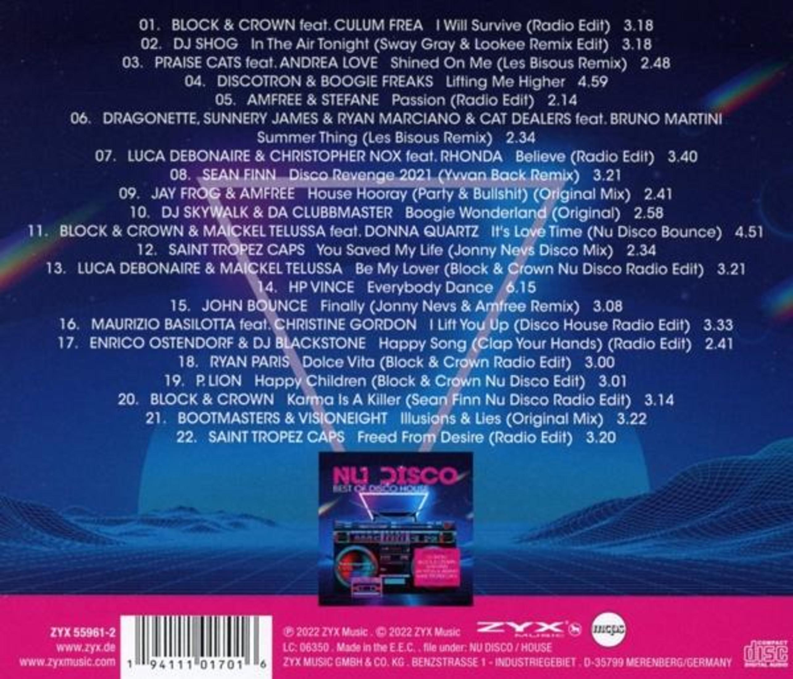 Ein Musik-CD-Cover mit Text, der Songs auflistet. Es gibt einen Ghettoblaster, Discolichter und ein rosa-blaues Farbschema.