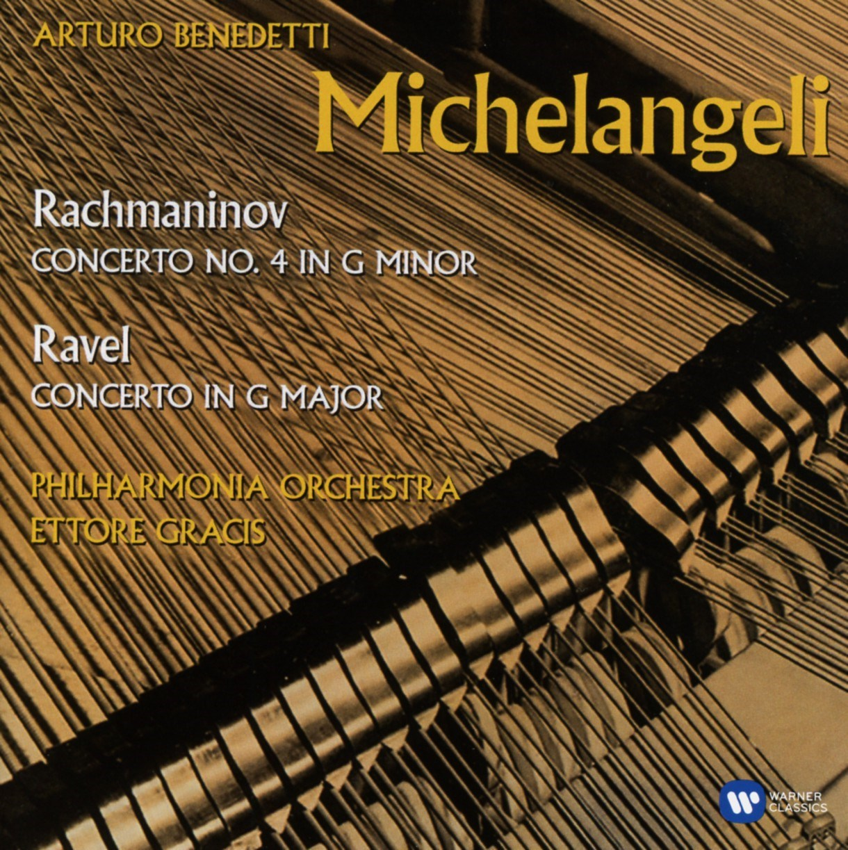 CD-hoes met pianostrengen, titel 'Michelangeli', componisten Rachmaninoff en Ravel en orkestdetails. Warner Classics logo zichtbaar.