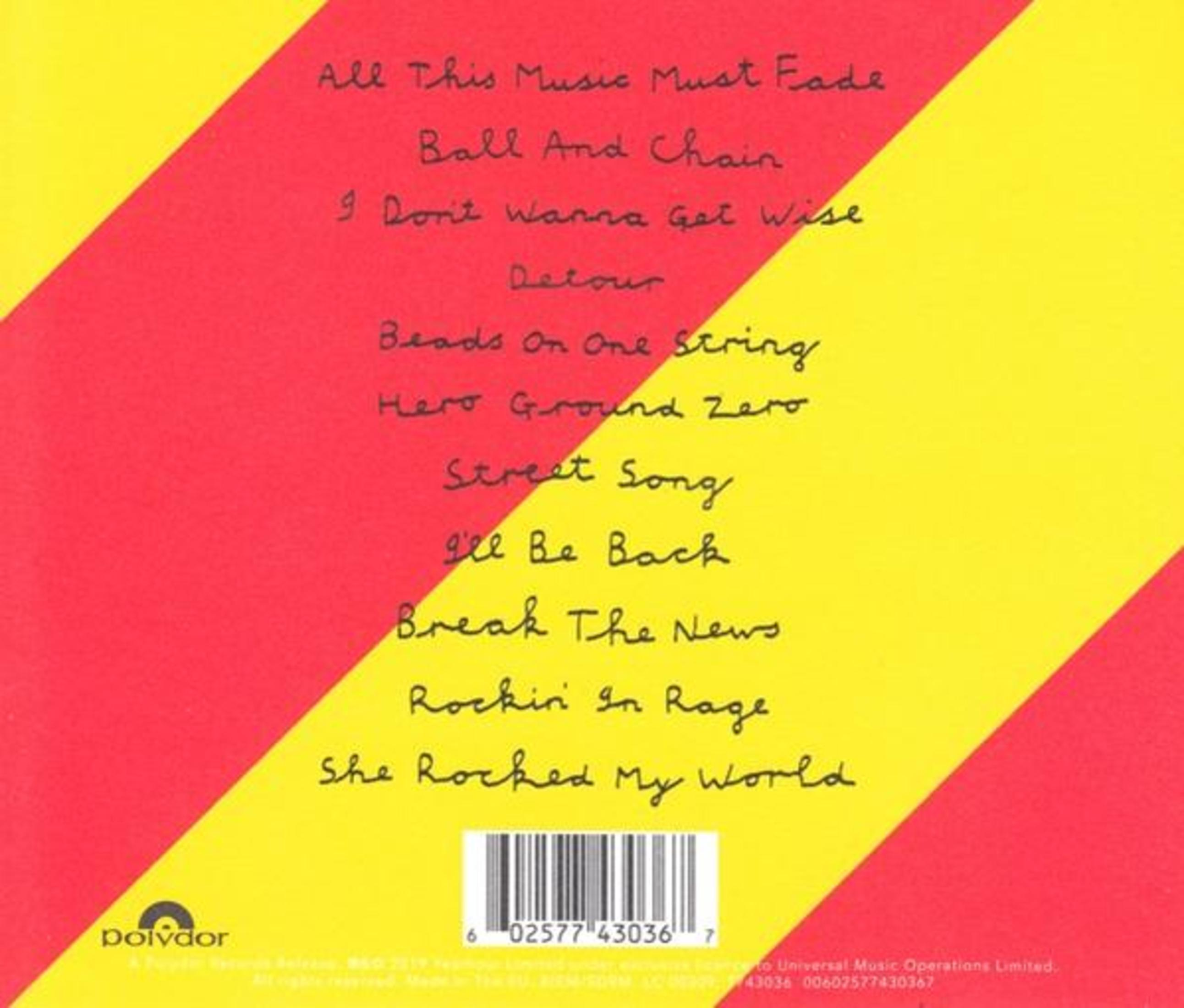 Una copertina di CD con un design diagonale rosso/giallo. Il testo include titoli di canzoni e un codice a barre.