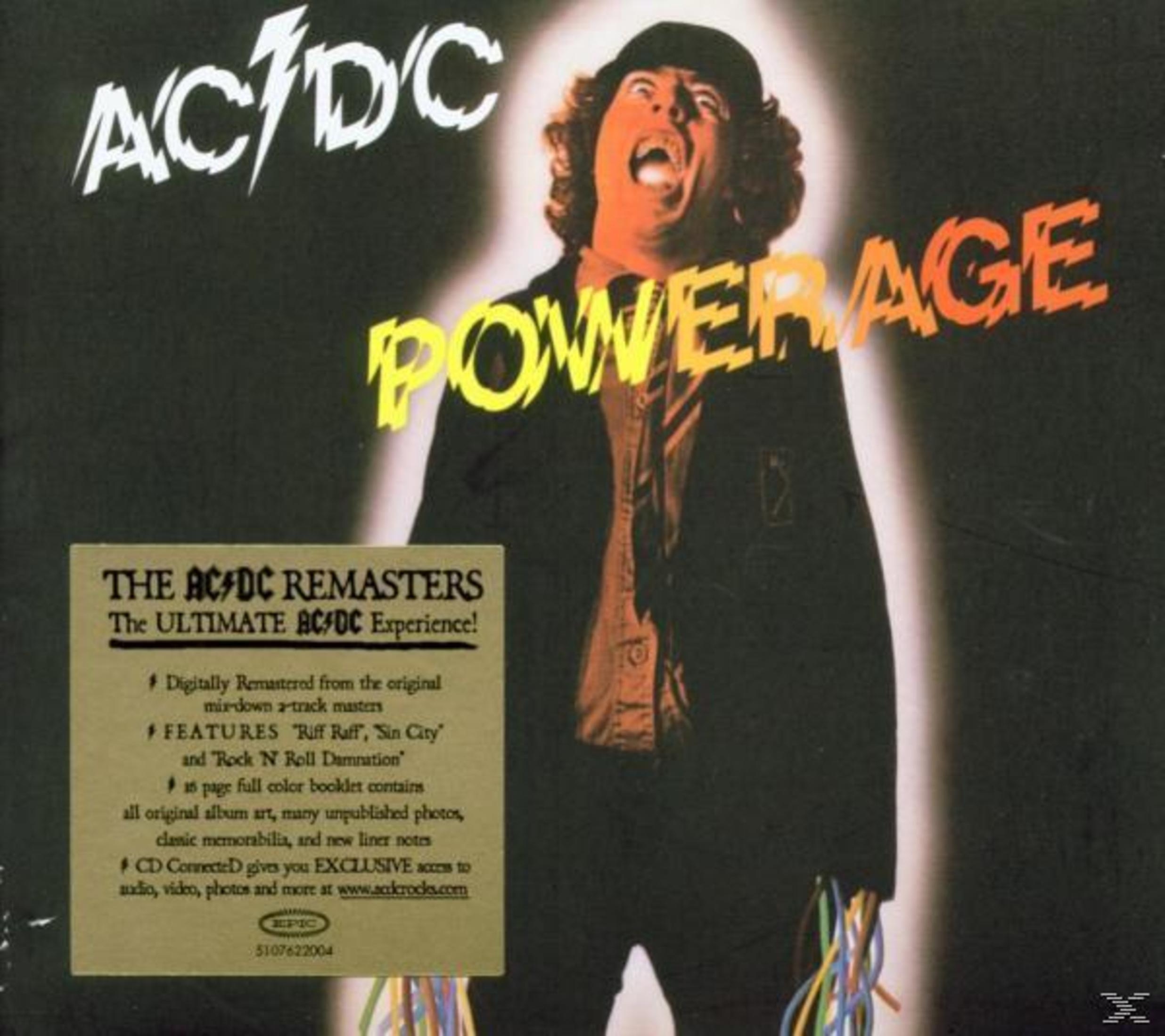Copertina dell'album Powerage degli AC/DC. Un uomo con la bocca aperta e un cappello è davanti al nome della band e al titolo dell'album.