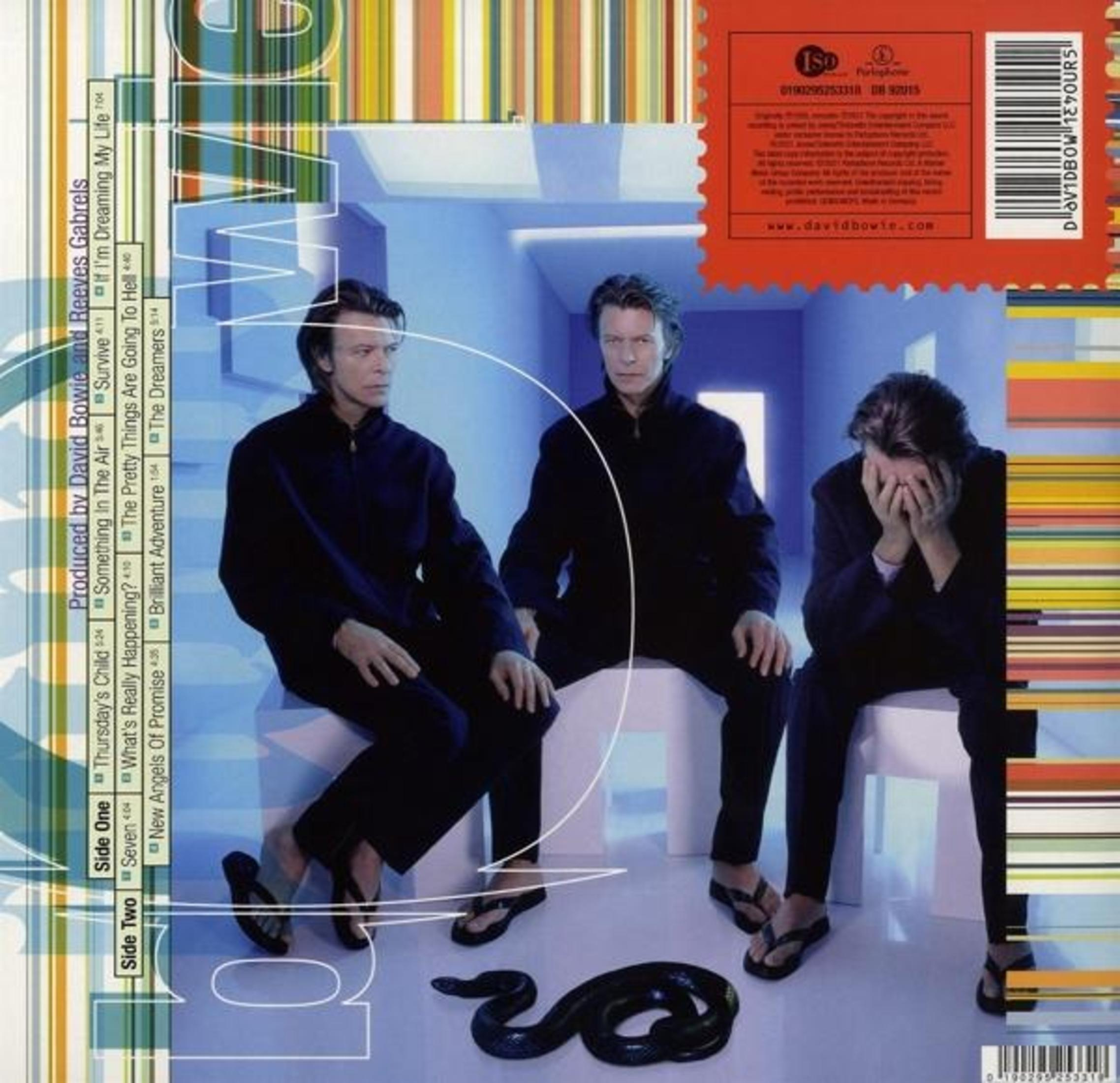 Copertina dell'album di David Bowie. Tre uomini in abiti neri seduti su sedie bianche. Un serpente nero sul pavimento. Strisce colorate in alto.