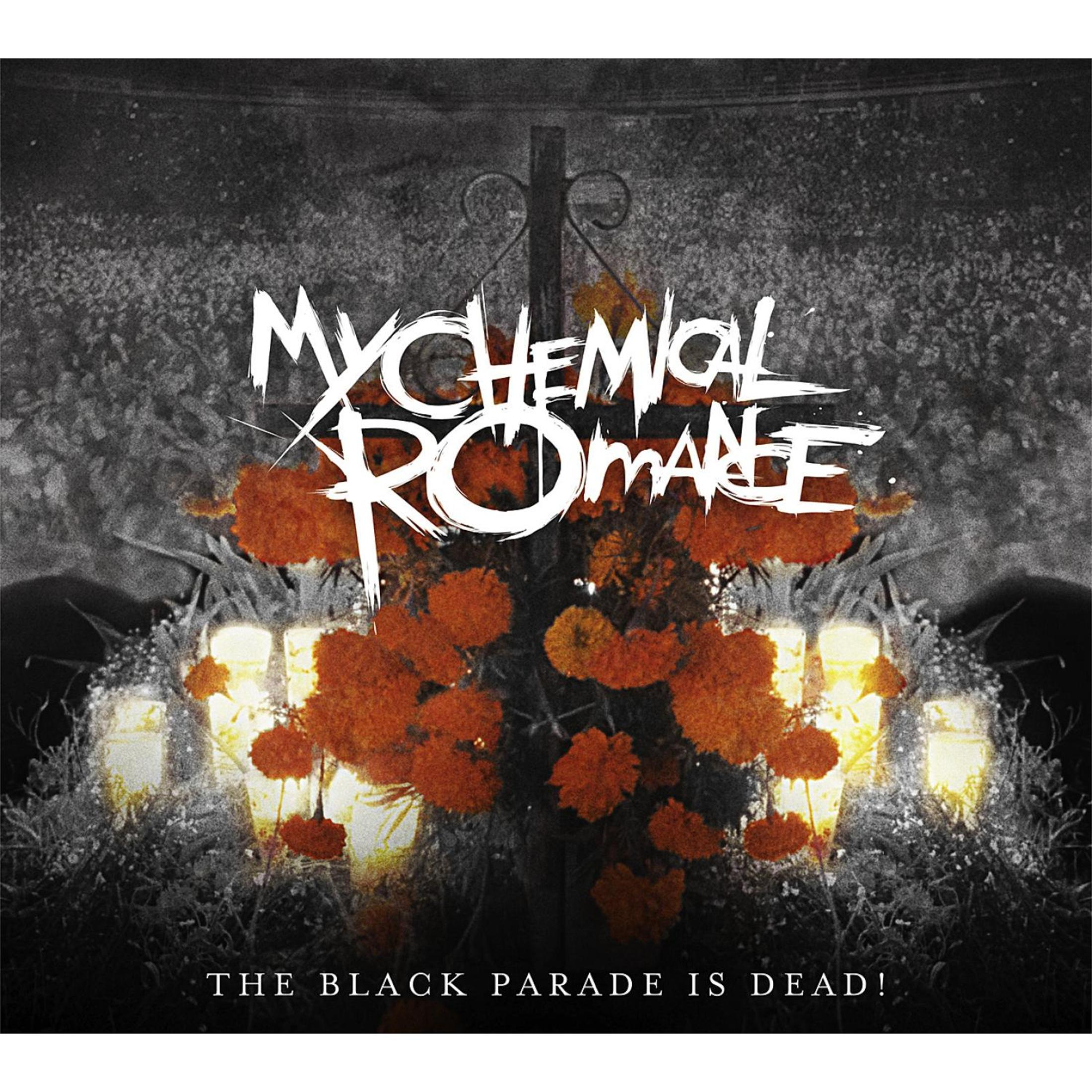 Albumhoes van My Chemical Romance. Witte bandnaam over oranje bloemen, donkere achtergrond. Tekst: 'The Black Parade Is Dead!'