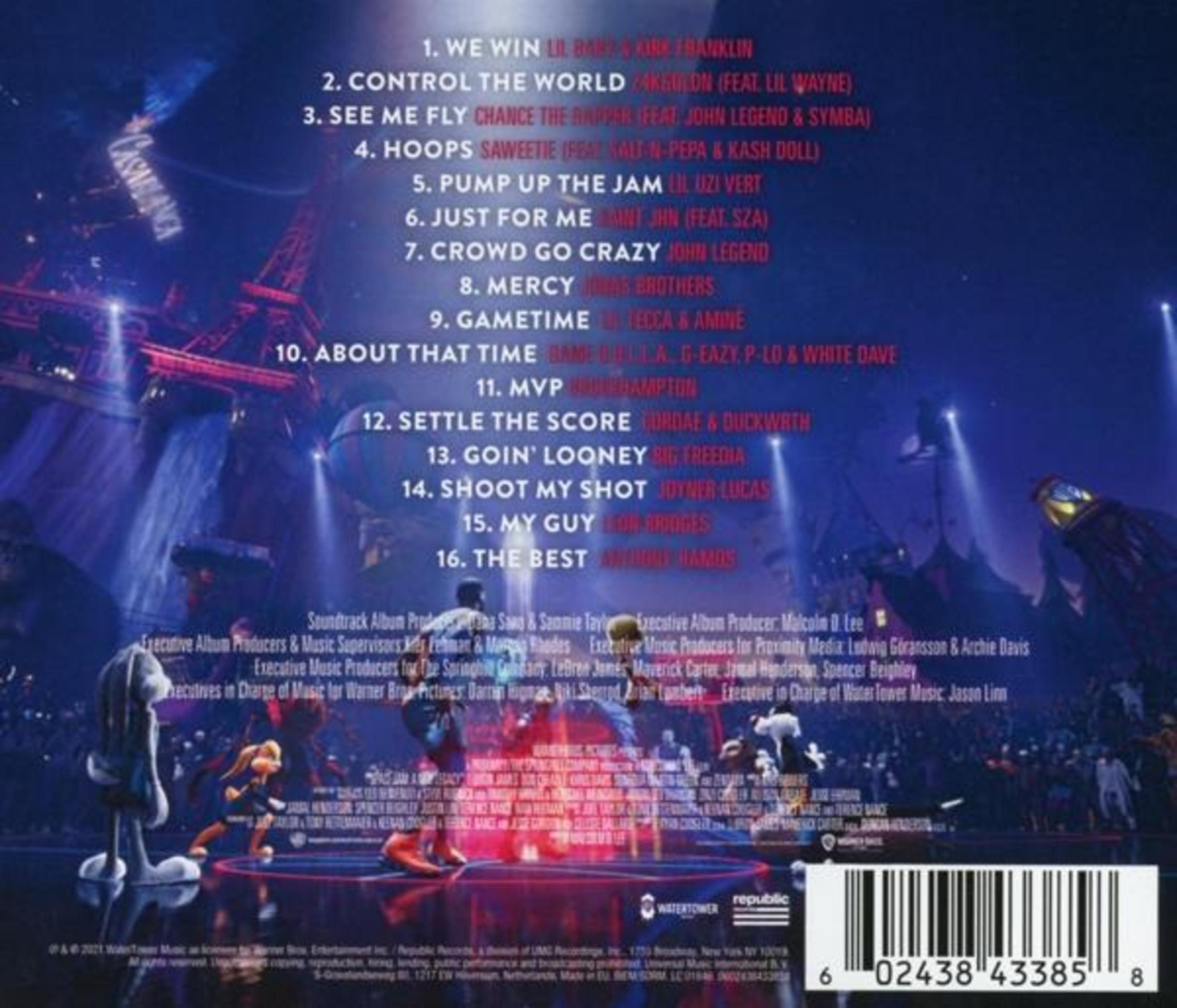 Copertina dell'album di Space Jam: A New Legacy. Presenta un elenco di canzoni, personaggi e un codice a barre.