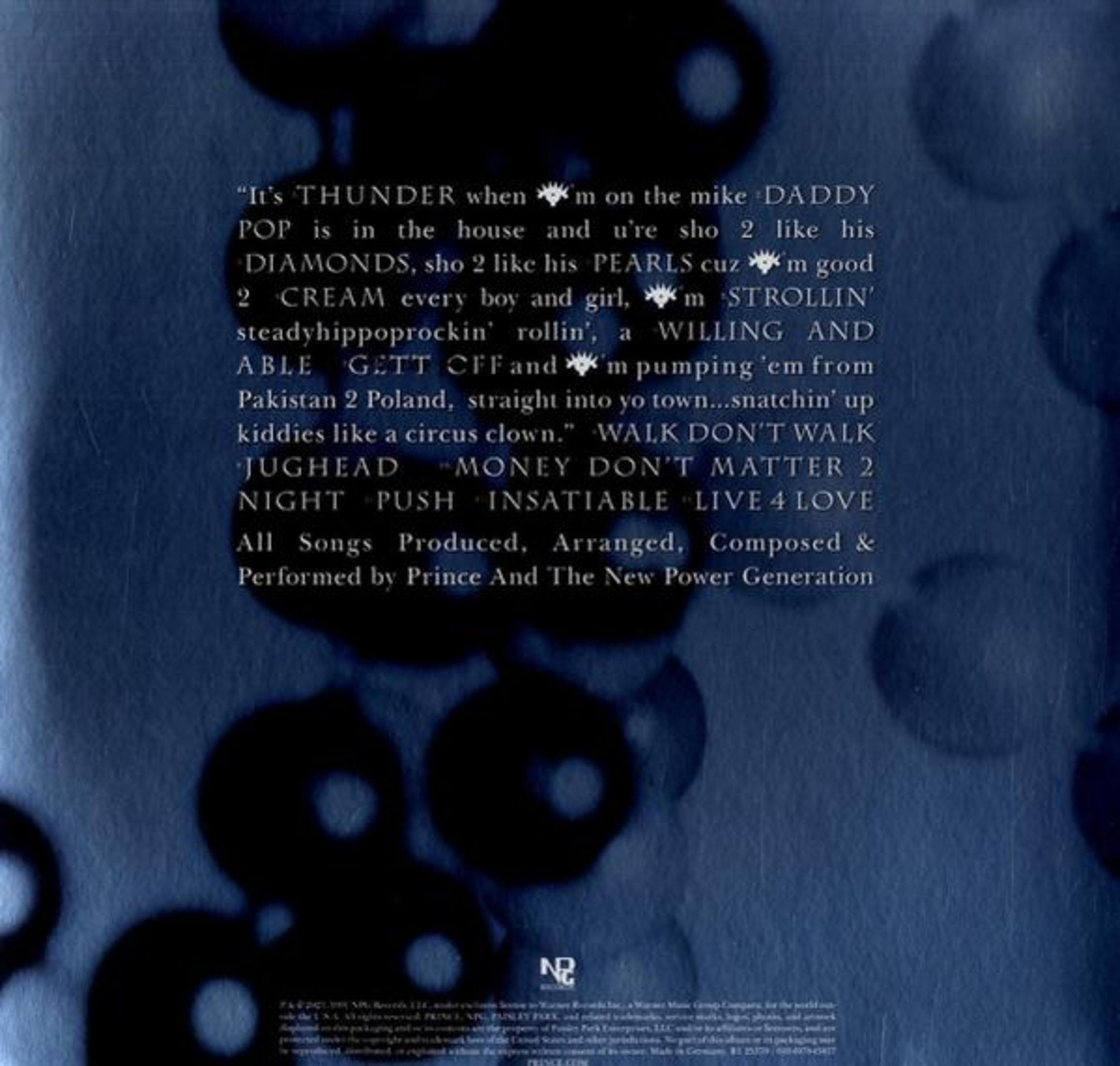 Copertina dell'album con testo che elenca titoli di canzoni come 'Thunder', 'Diamonds' e 'Live 4 Love'. Sfondo blu scuro con forme astratte.