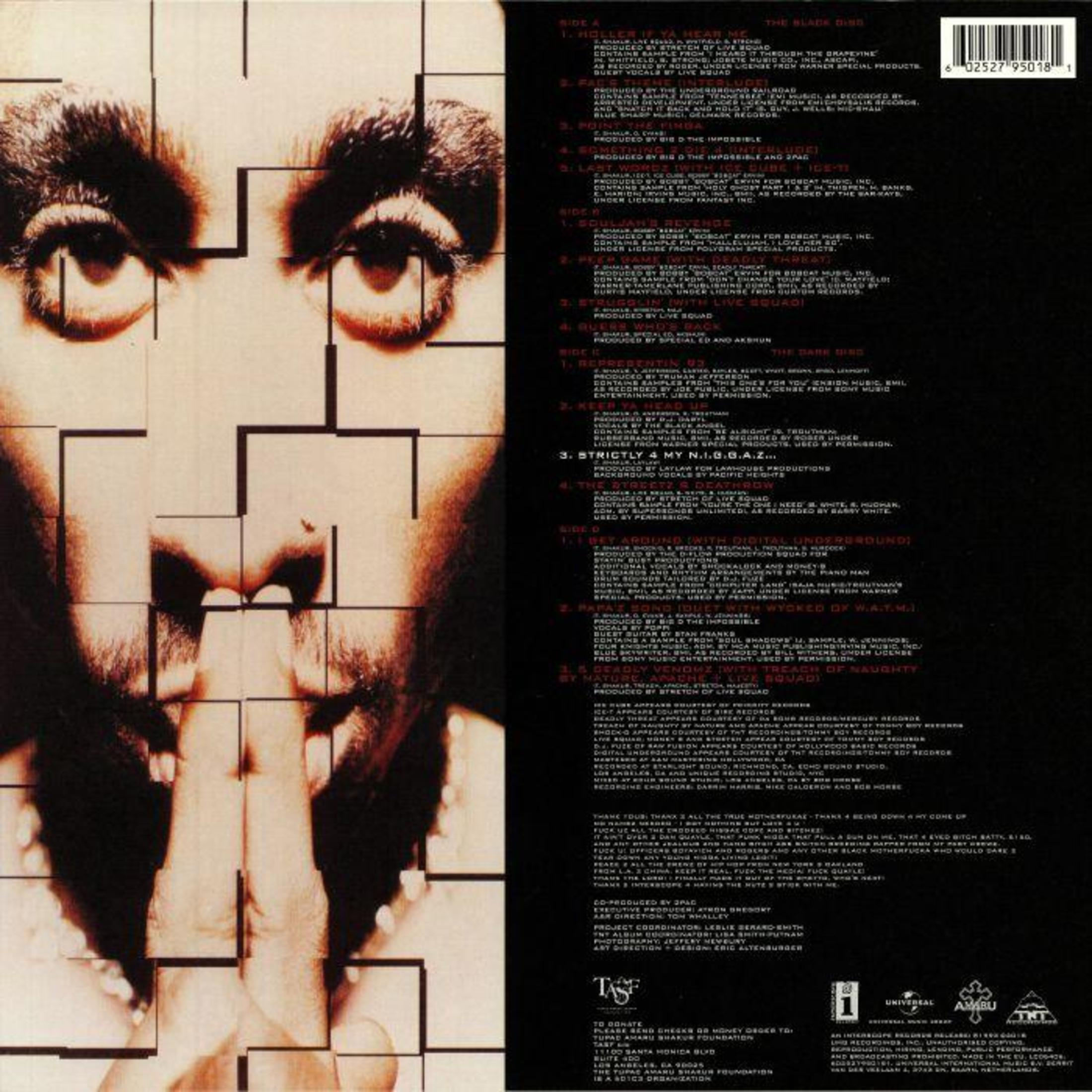 Copertina dell'album con collage di volti e testo. Dettagli: occhi, testo e codice a barre.