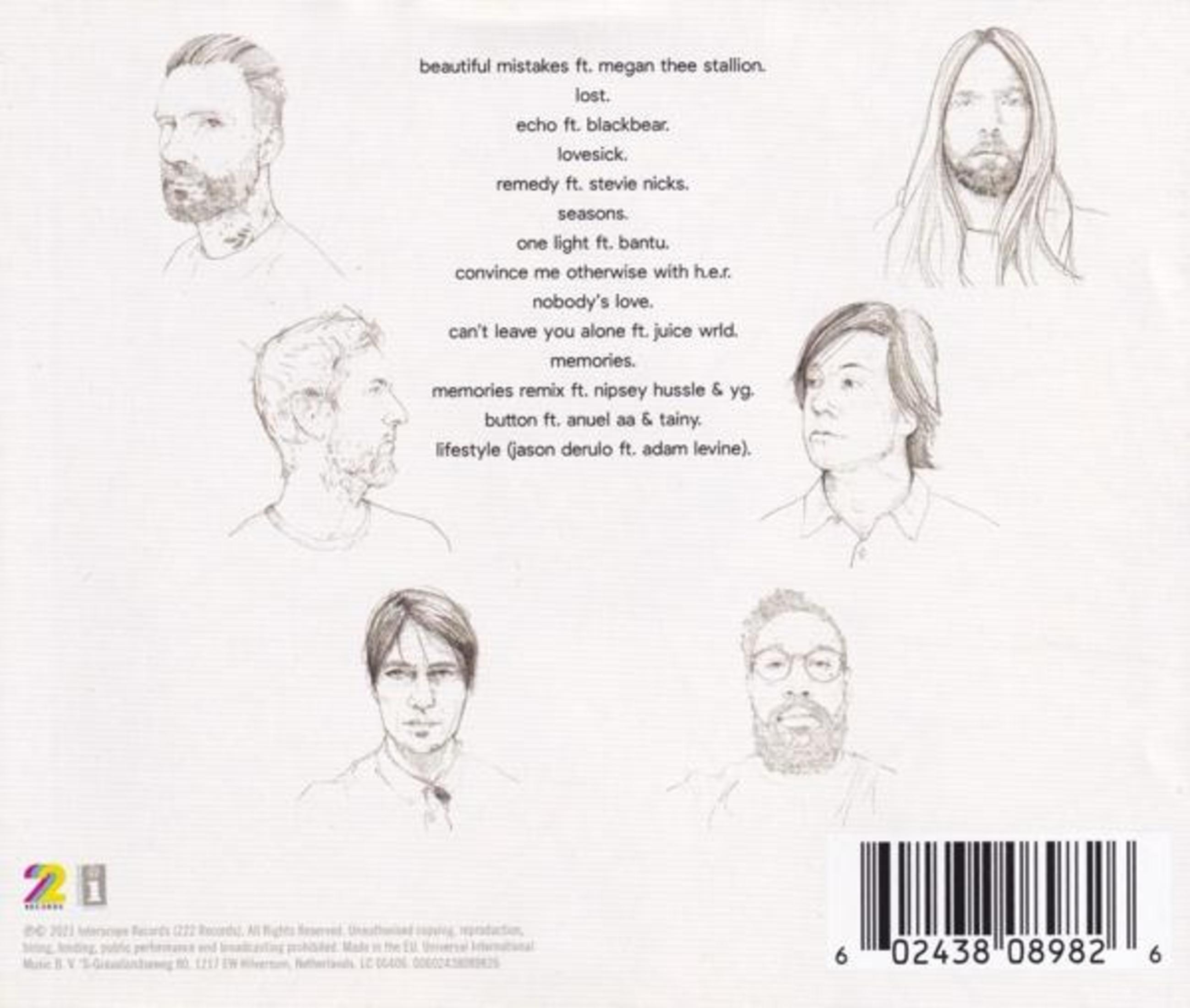 Copertina dell'album con schizzi a matita di volti e titoli di canzoni. Un codice a barre e un'etichetta discografica sono visibili.
