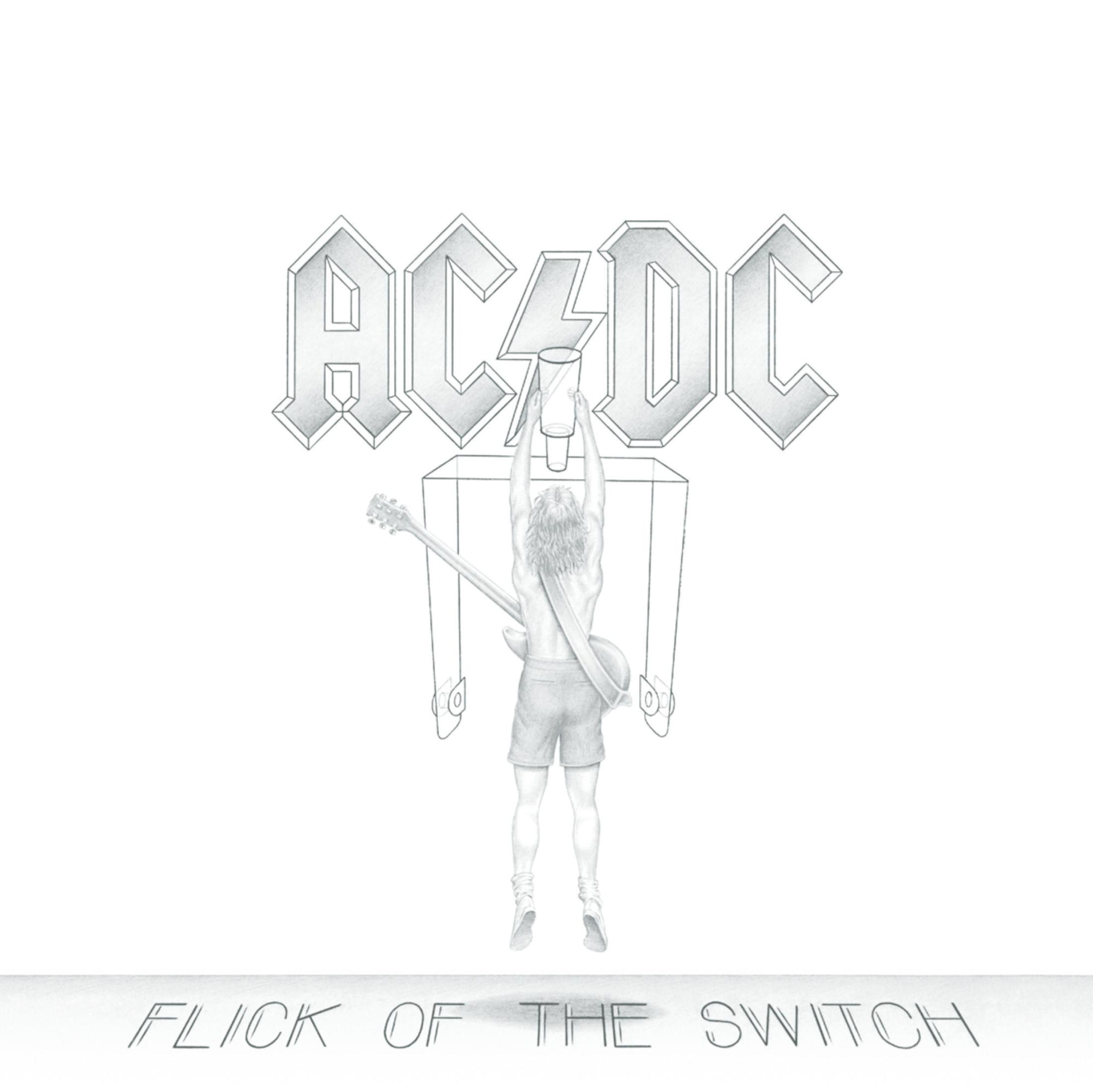 Copertina dell'album 'Flick of the Switch' degli AC/DC. Una figura che tiene un bicchiere sopra una struttura. Una chitarra è posizionata dietro.