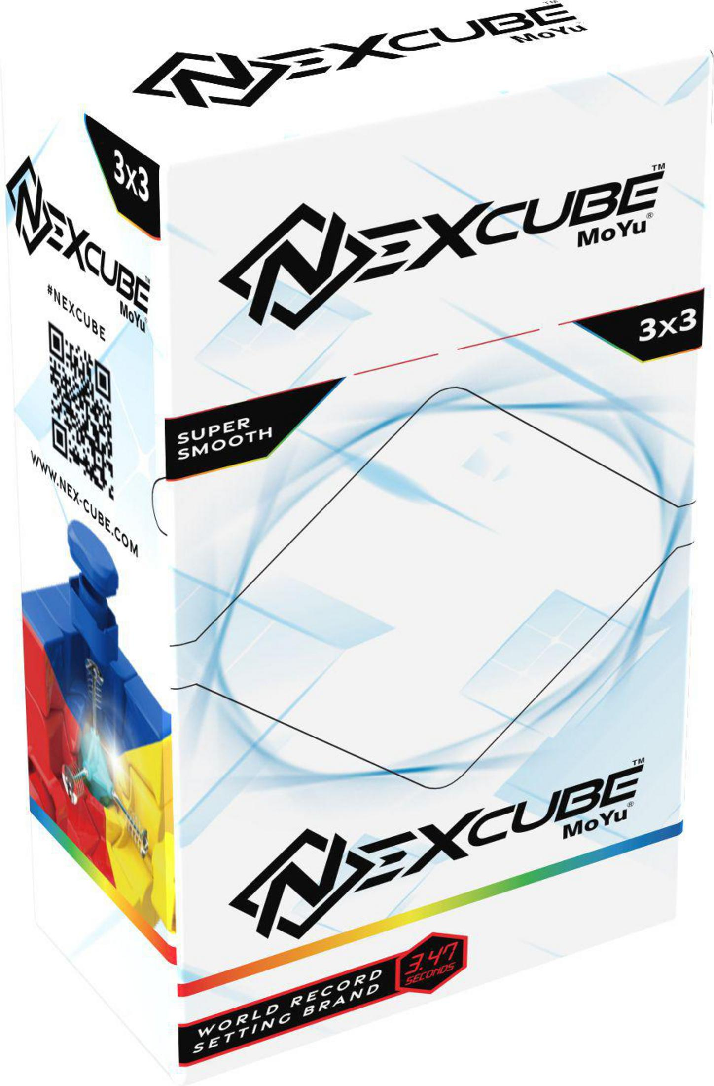 Białe pudełko Nexcube z logo. Kostka 3x3 jest na wyświetlaczu. Tekst zawiera „Super Smooth” i „World Record”.