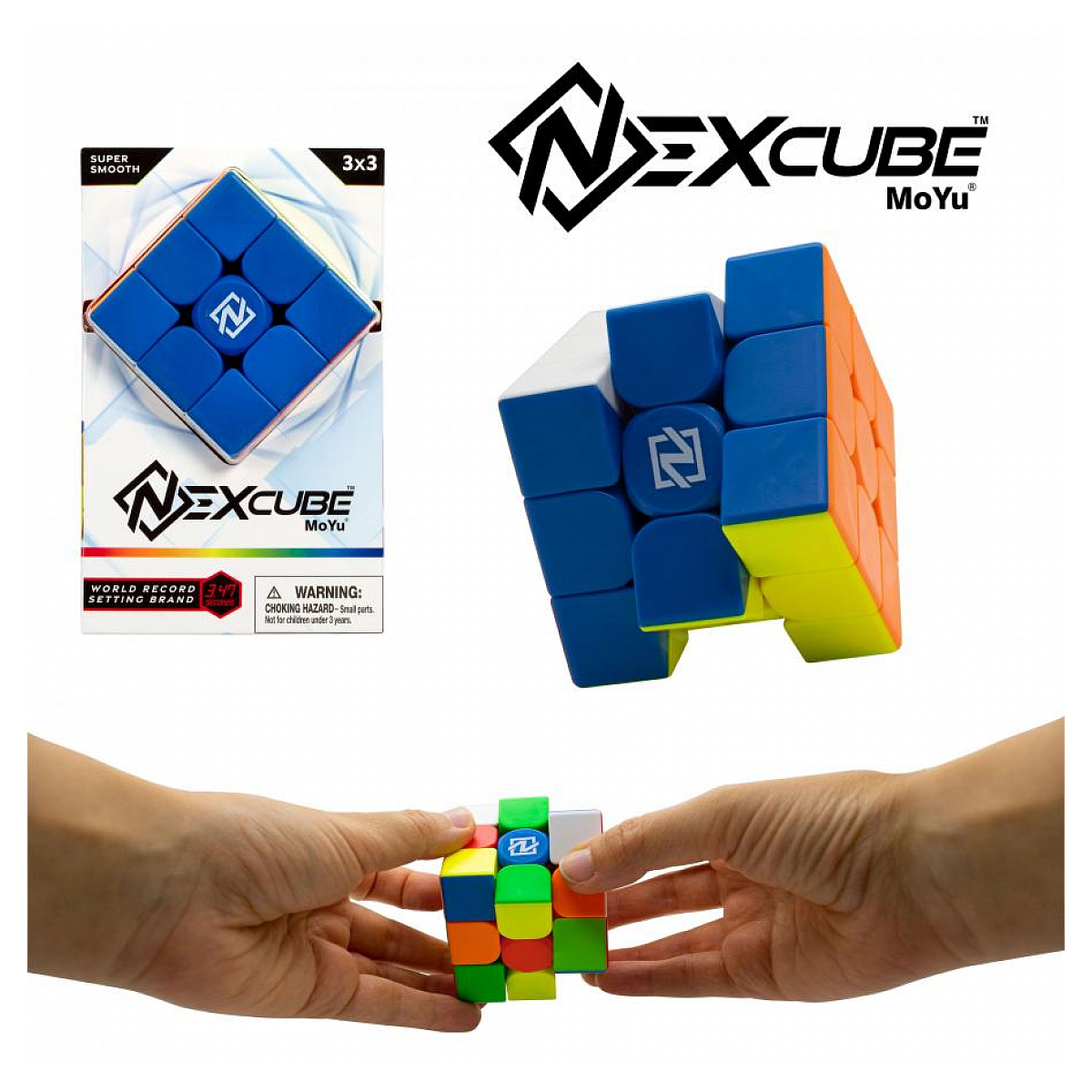 Obraz przedstawia kostkę Nexcube 3x3 w różnych formach, w tym opakowanie, częściowo złożoną kostkę i dłonie manipulujące kostką.