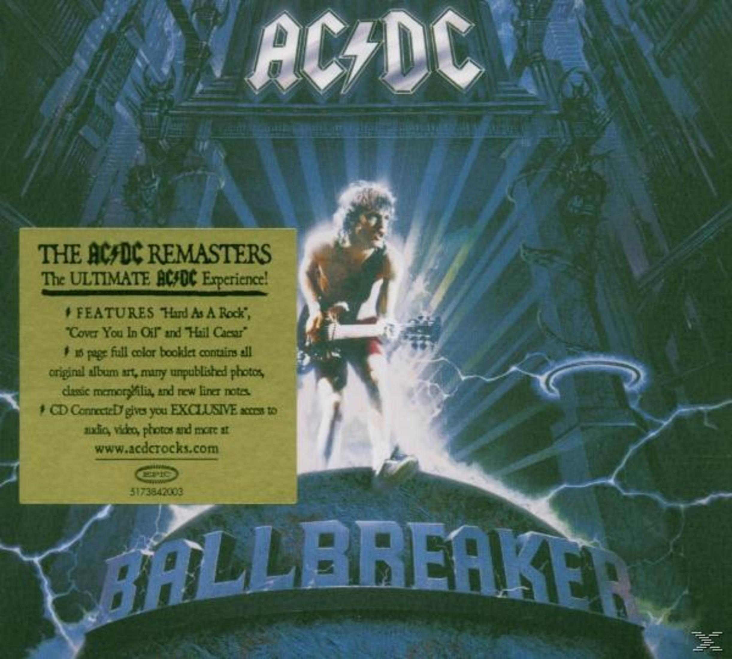 Copertina dell'album Ballbreaker degli AC/DC. Un uomo suona la chitarra, con il logo della band in alto e il titolo dell'album in basso.