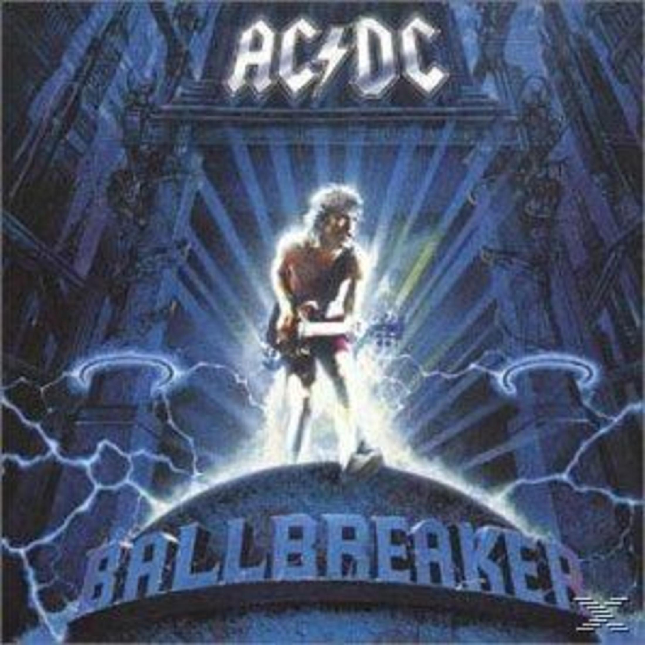 Copertina dell'album 'Ballbreaker' degli AC/DC. Un uomo suona la chitarra su una cupola. Fulmini blu e il logo della band sopra.
