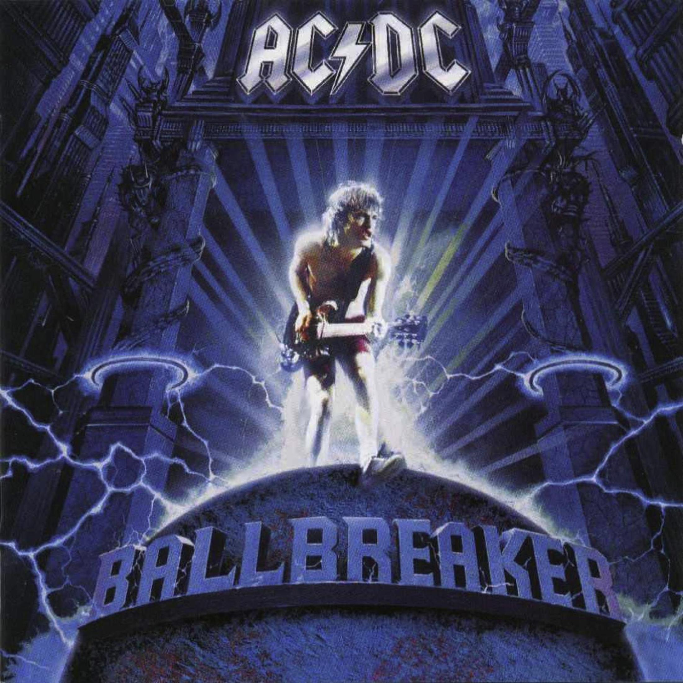 Copertina dell'album Ballbreaker degli AC/DC. Un uomo a torso nudo suona la chitarra su una sfera blu. Fulmini la circondano. Logo della band sopra.