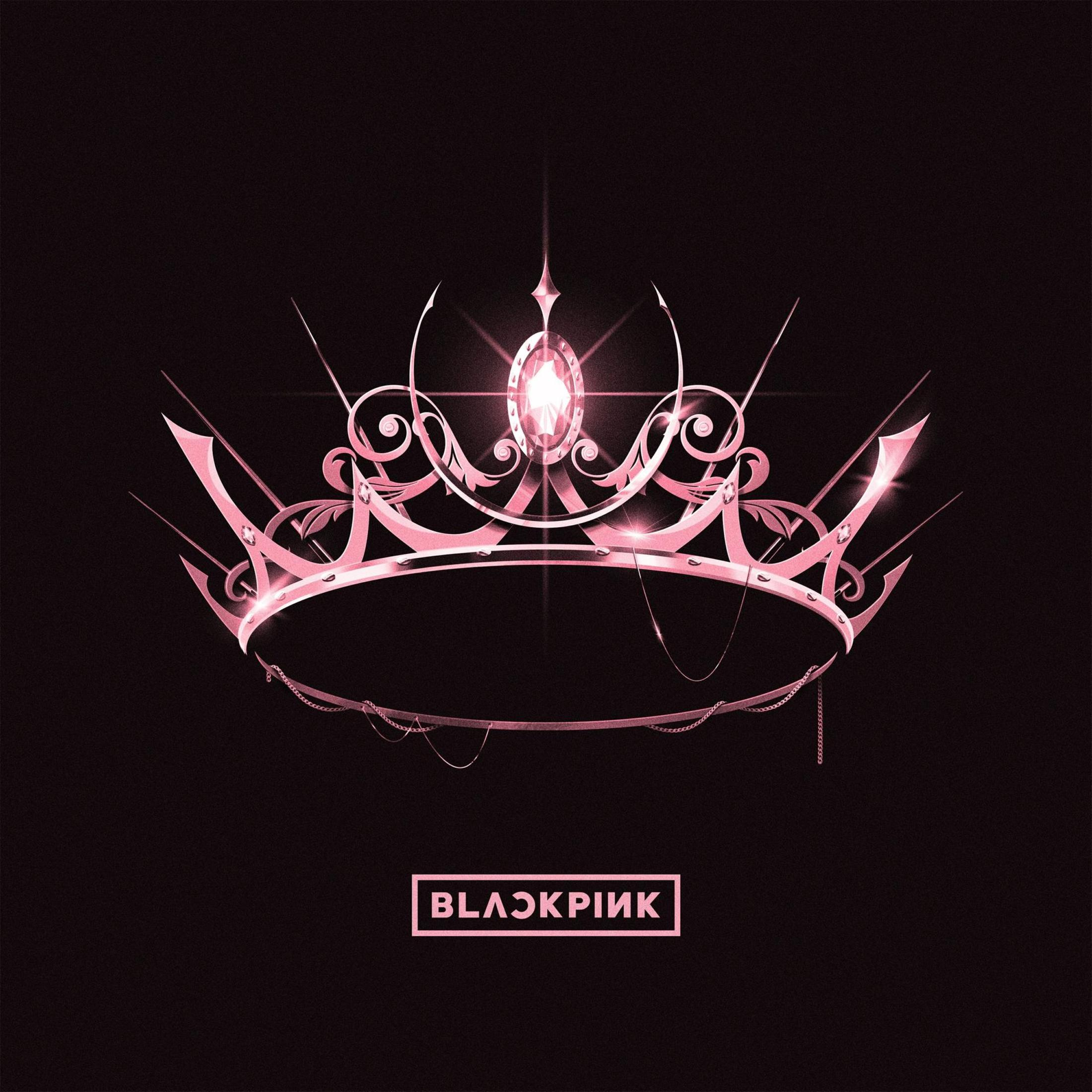 A pink crown with a jewel at its center. The background is black. The band name is below the crown.