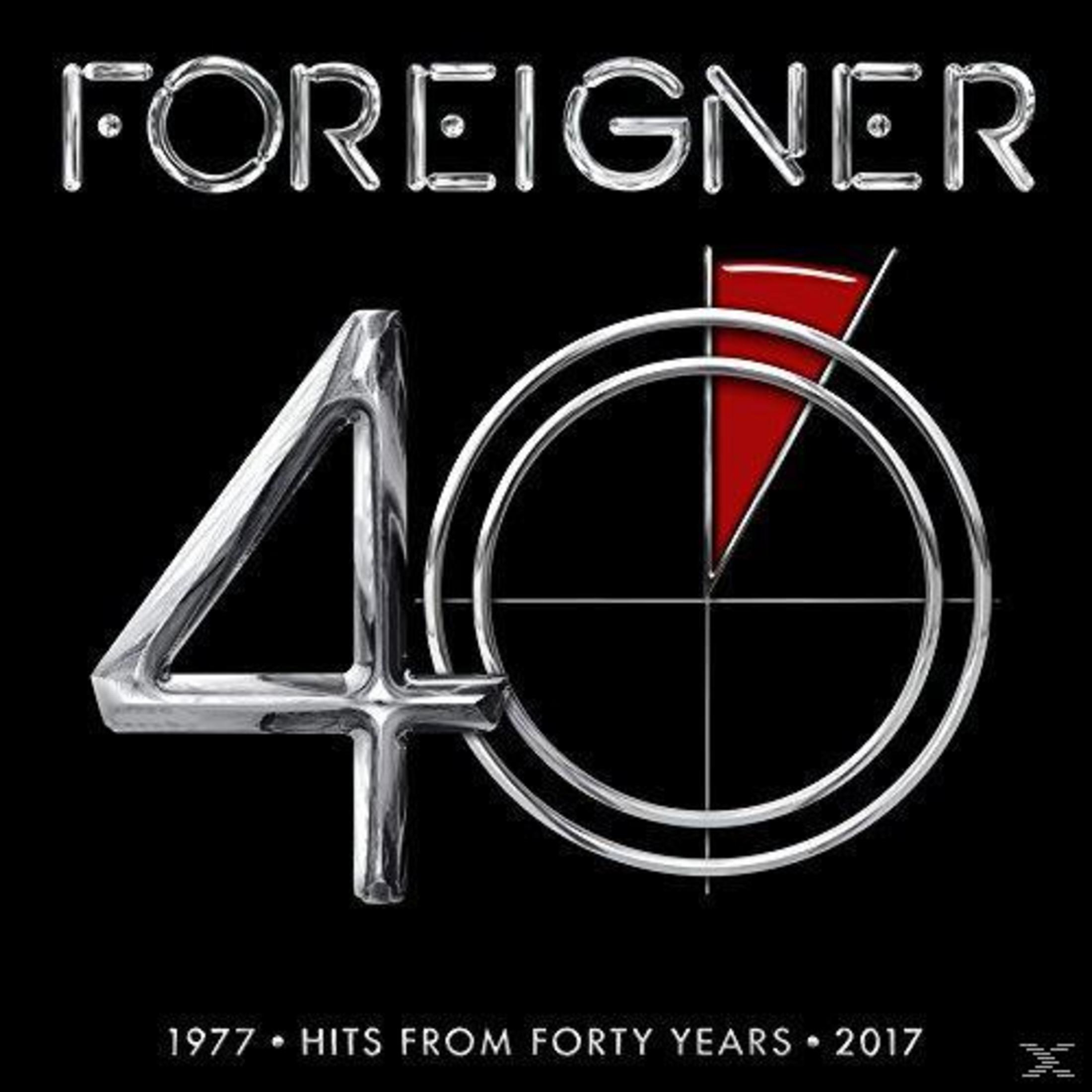 Copertina dell'album con 'FOREIGNER 40' cromato, triangolo rosso in un cerchio e testo '1977 Hits From Forty Years 2017'.