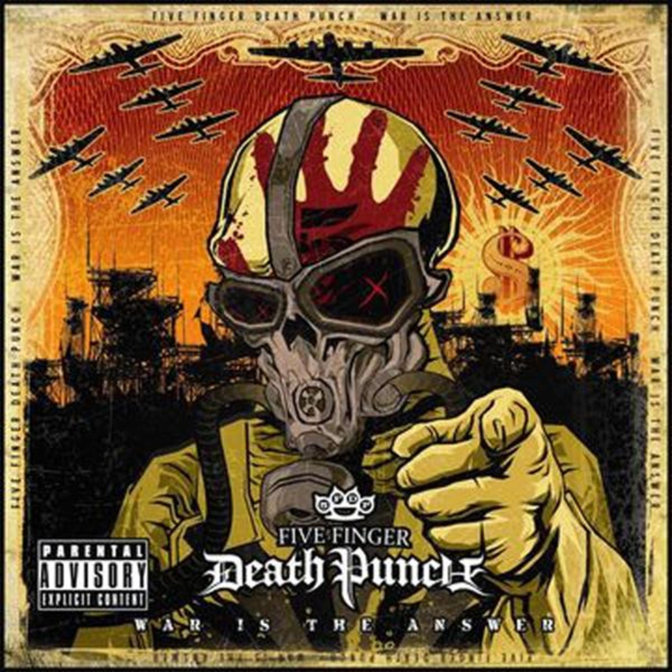 Albumhoes voor Five Finger Death Punch. Toont een figuur in een gasmasker, wijzend. Achtergrond heeft vliegtuigen en een oranje lucht.