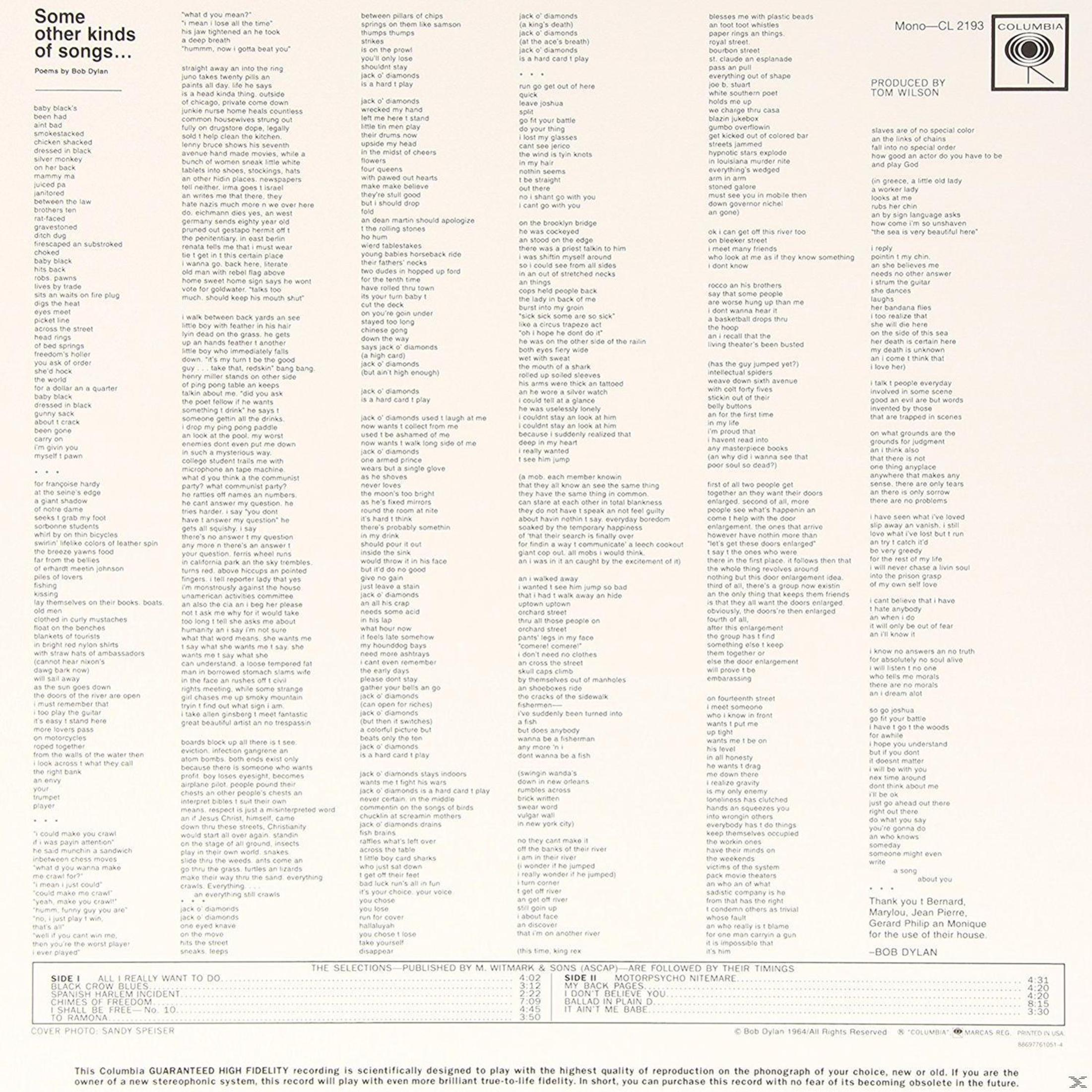 Album cover of Bob Dylan's 'Some Other Kinds of Songs'. Includes song lyrics and album details.