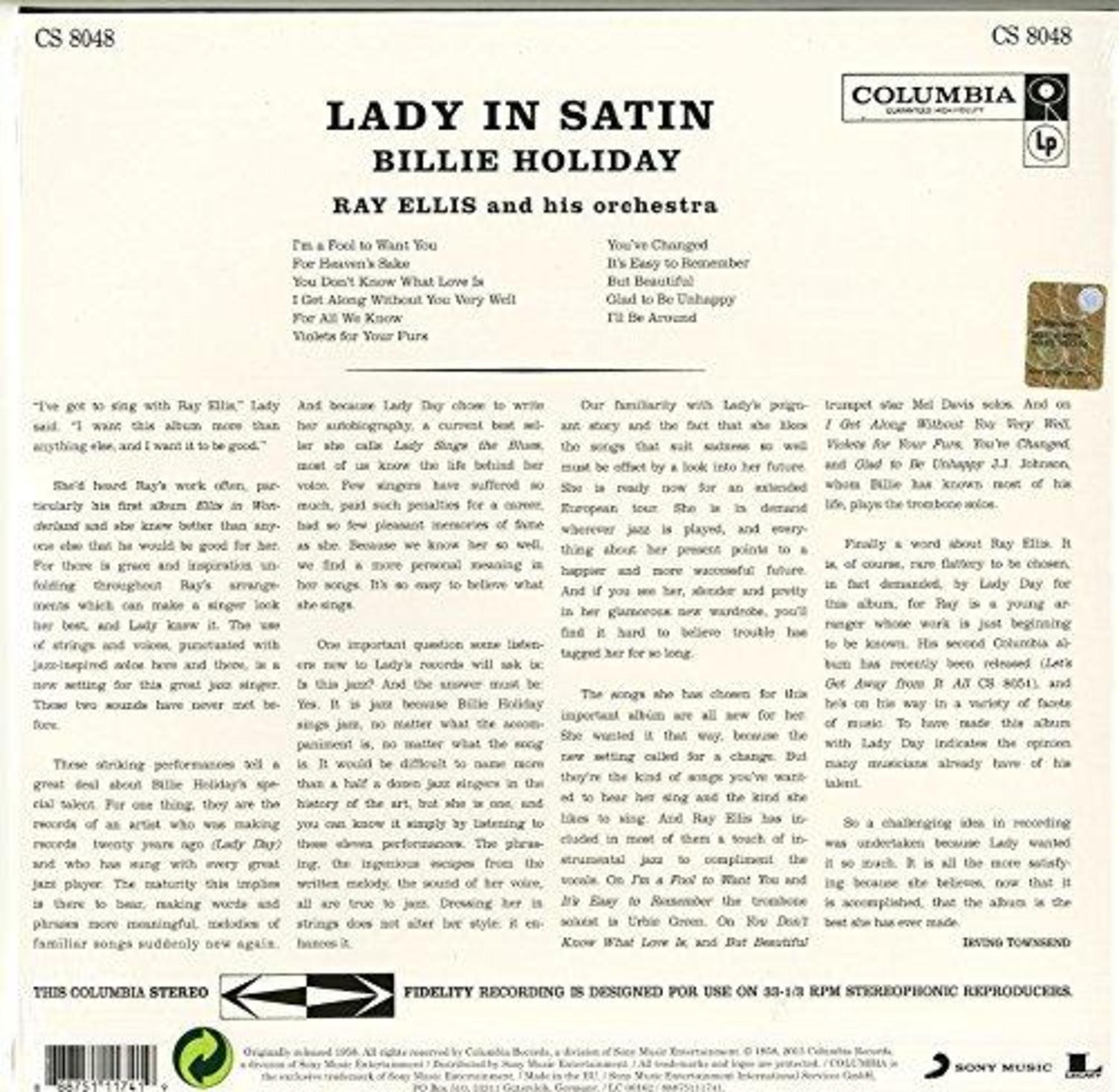 Copertina dell'album: 'Lady in Satin' di Billie Holiday. Testo e logo Columbia su sfondo bianco. Disco LP.