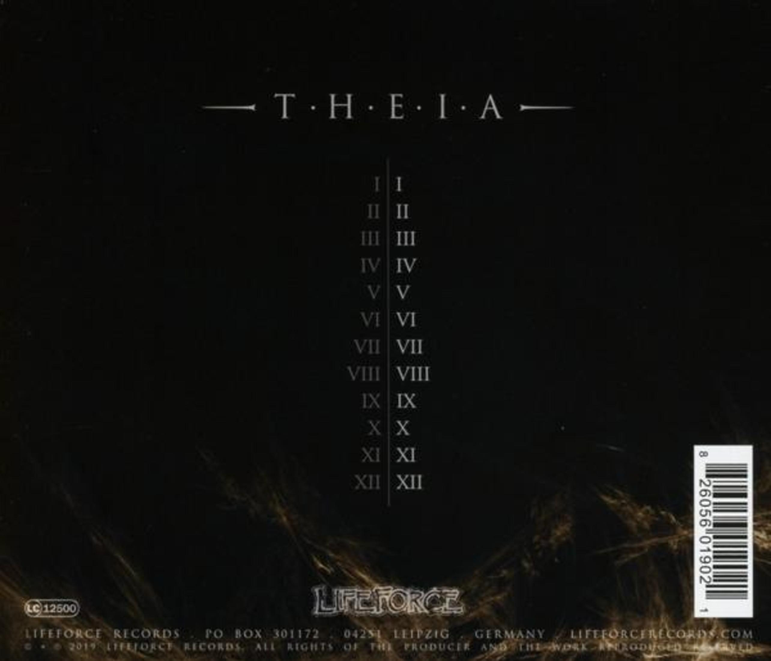 Donkere cd-hoes met witte tekst: Theia-titel, tracklijst, Lifeforce Records-logo, streepjescode en copyrightinformatie.