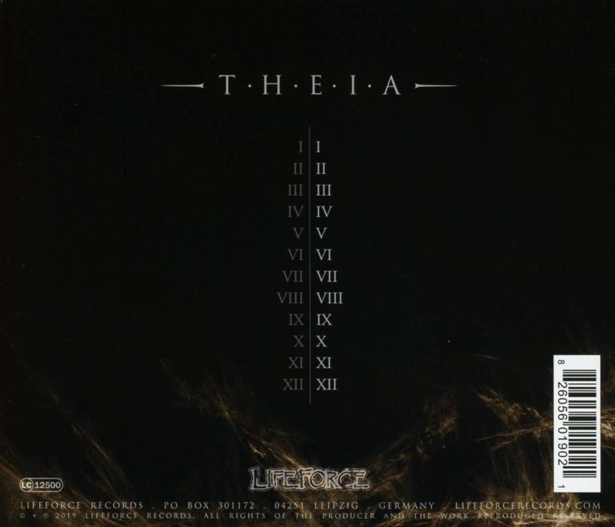 Albumhoes met de titel 'THEIA' en Romeinse cijfers. Het Lifeforce Records-logo staat onderaan.