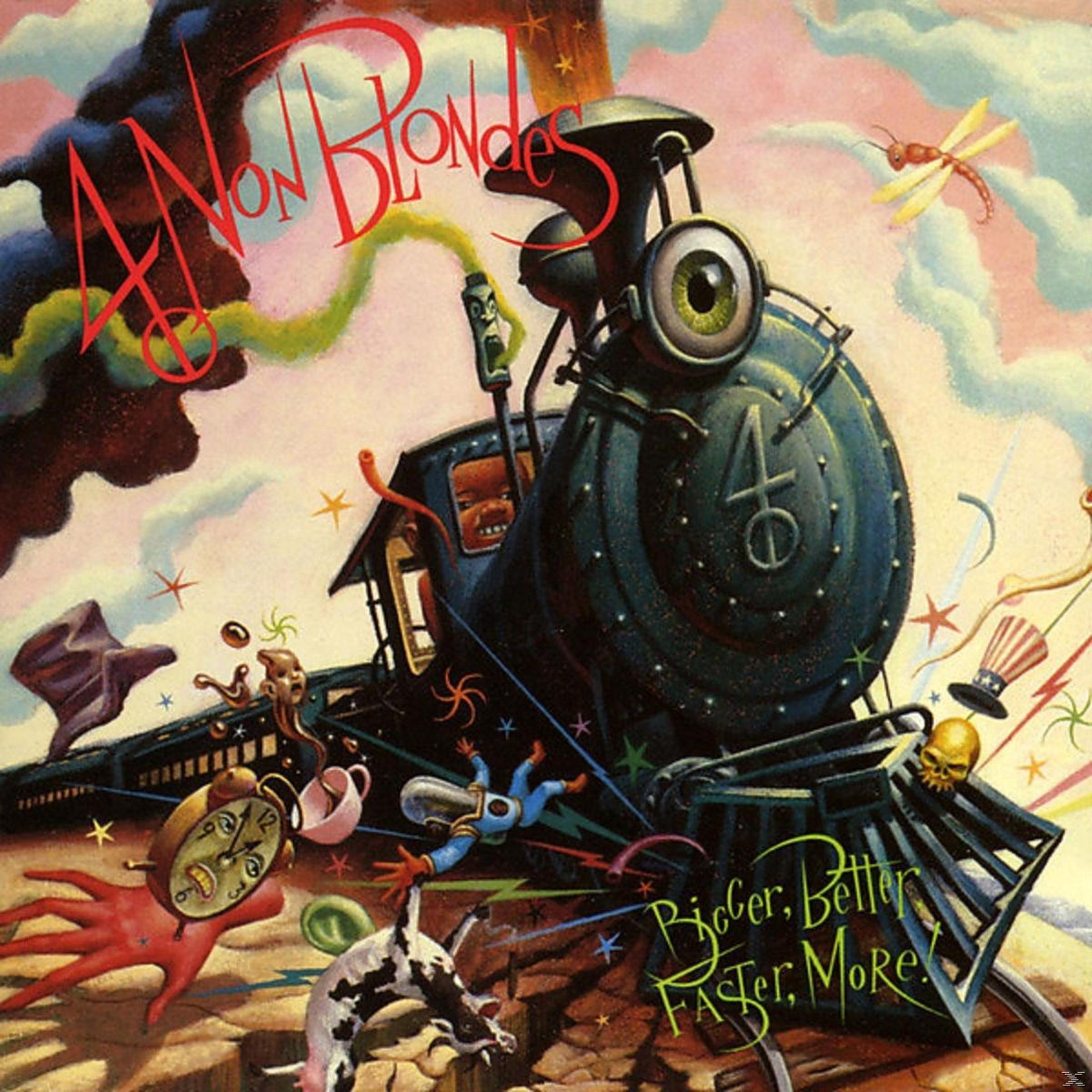 Copertina dell'album: Un treno con un occhio, figure e oggetti in un paesaggio surreale. È presente il titolo "Bigger, Better, Faster, More!".