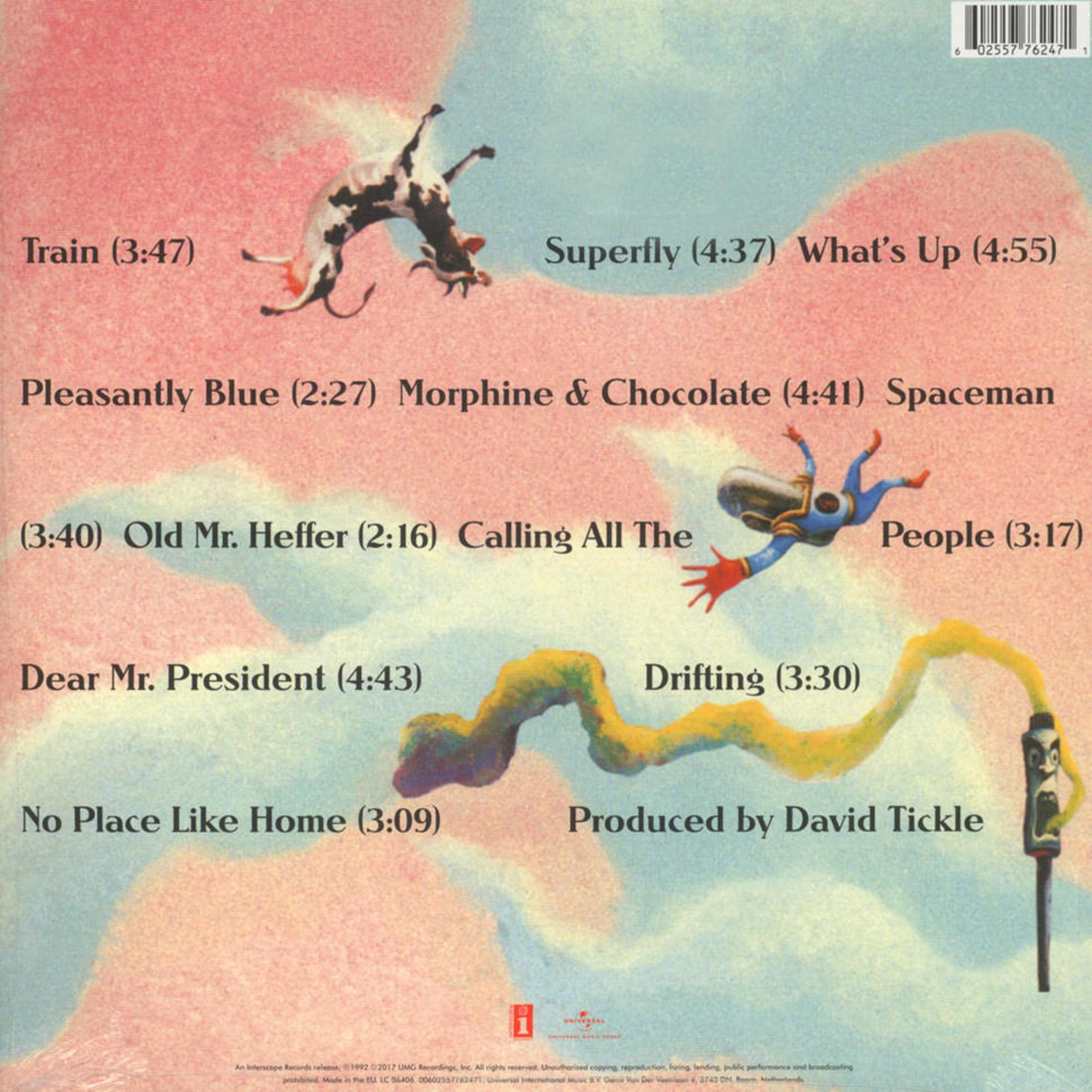 Copertina dell'album con un design surreale. Una creatura simile a una mucca e un astronauta fluttuano contro un cielo rosa e blu. I titoli delle canzoni sono elencati.