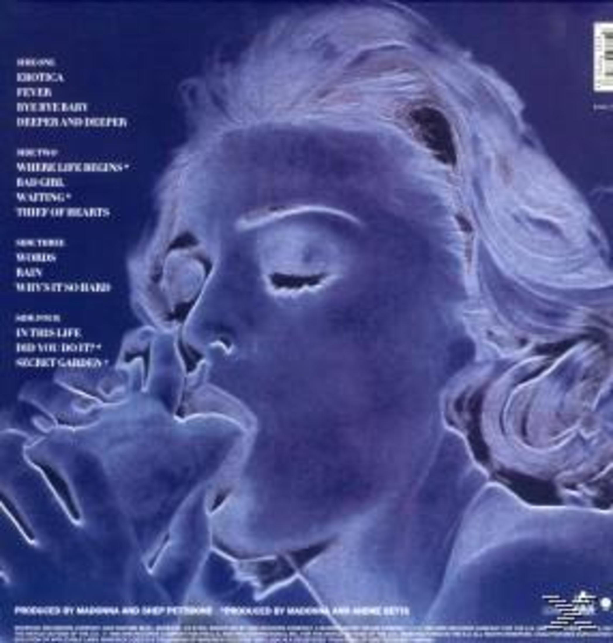 Immagine in tonalità blu. Volto di Madonna di profilo, occhi chiusi, labbra socchiuse. Elenco tracce a sinistra. Sfondo blu scuro.