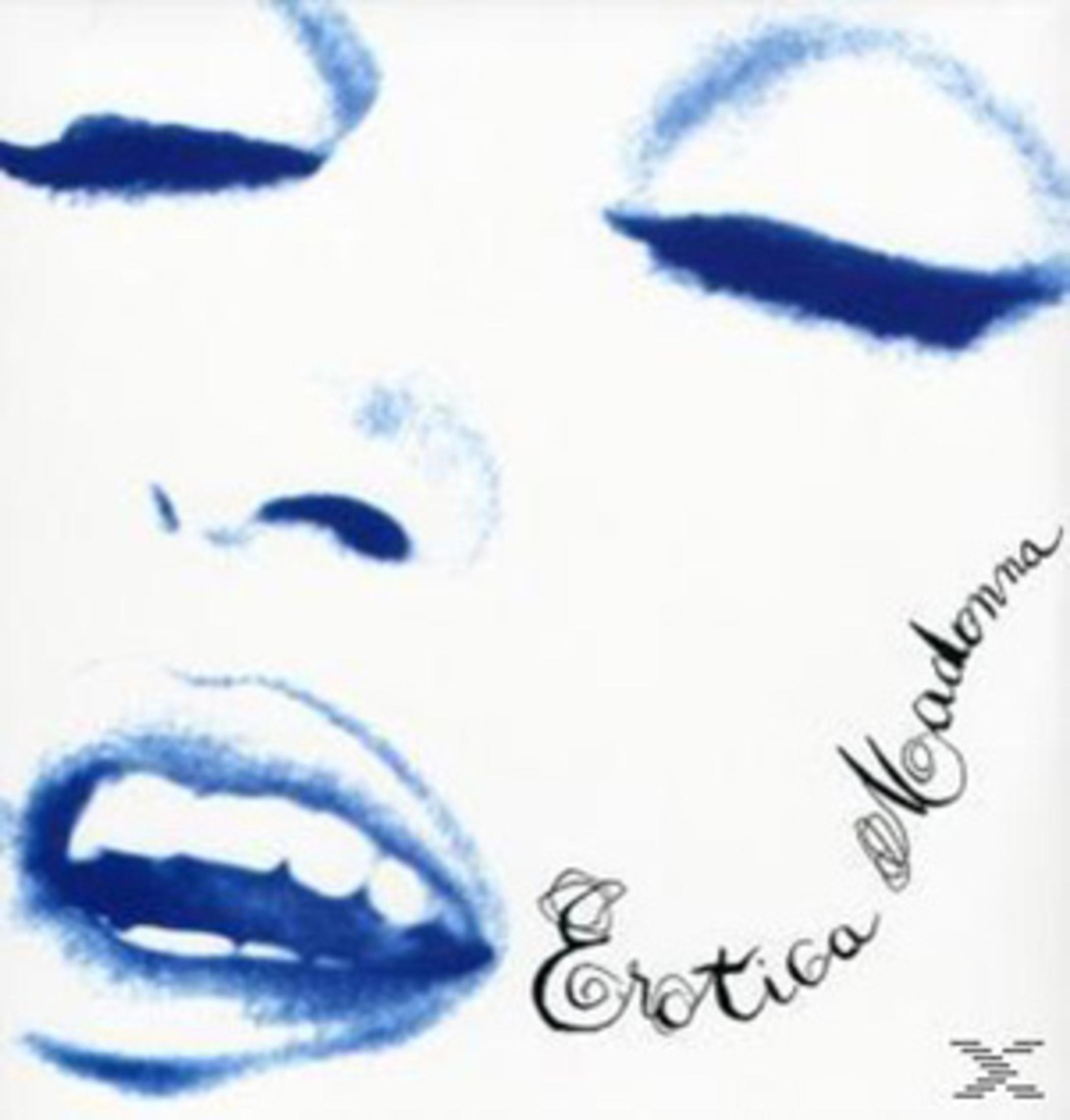 Copertina dell'album Erotica di Madonna, un volto stilizzato in blu su bianco. Include il titolo e la firma.