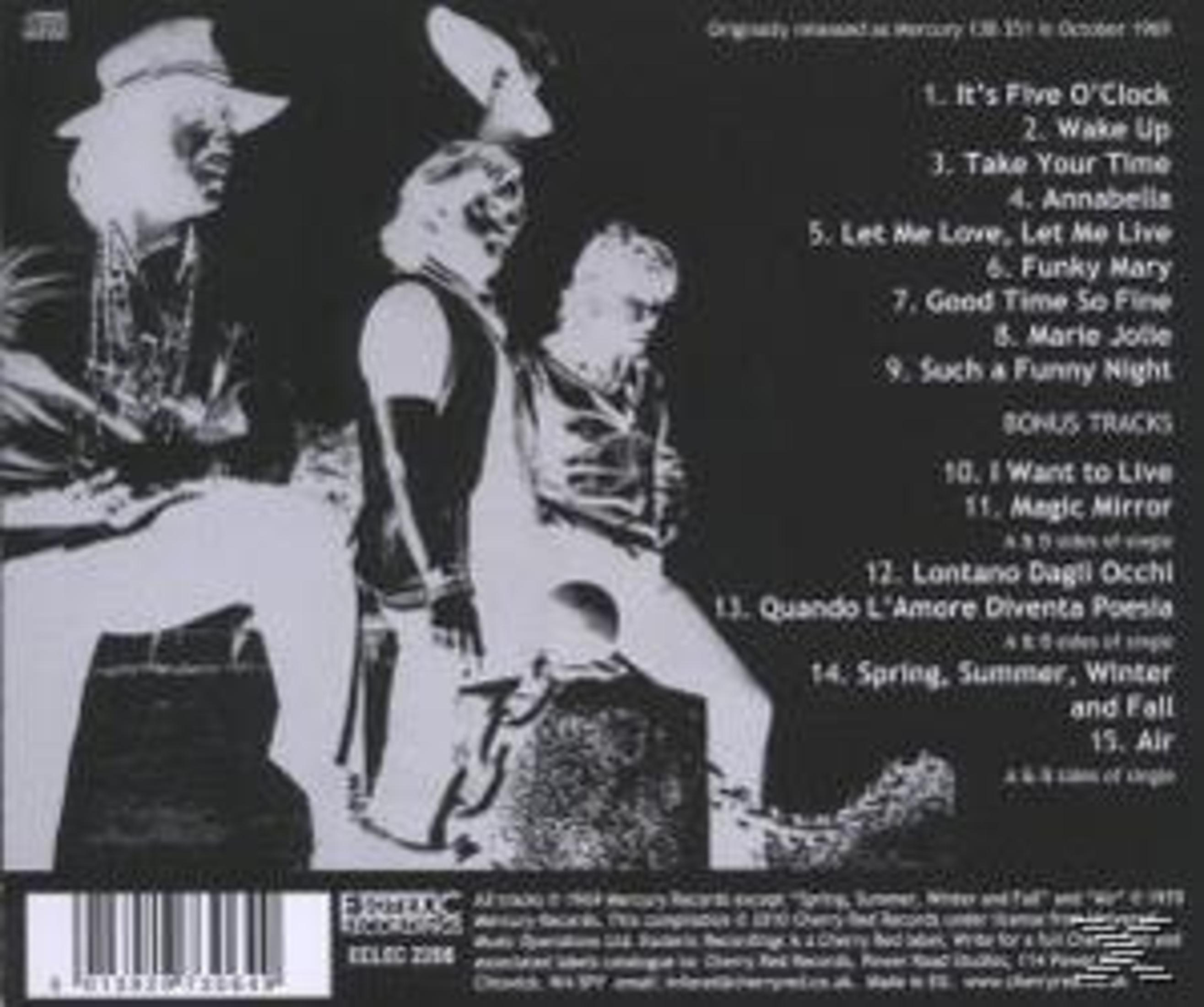Albumcover mit Bandmitgliedern und Titelliste. Schwarzweißbild. Text enthält Songtitel und Bonustracks.