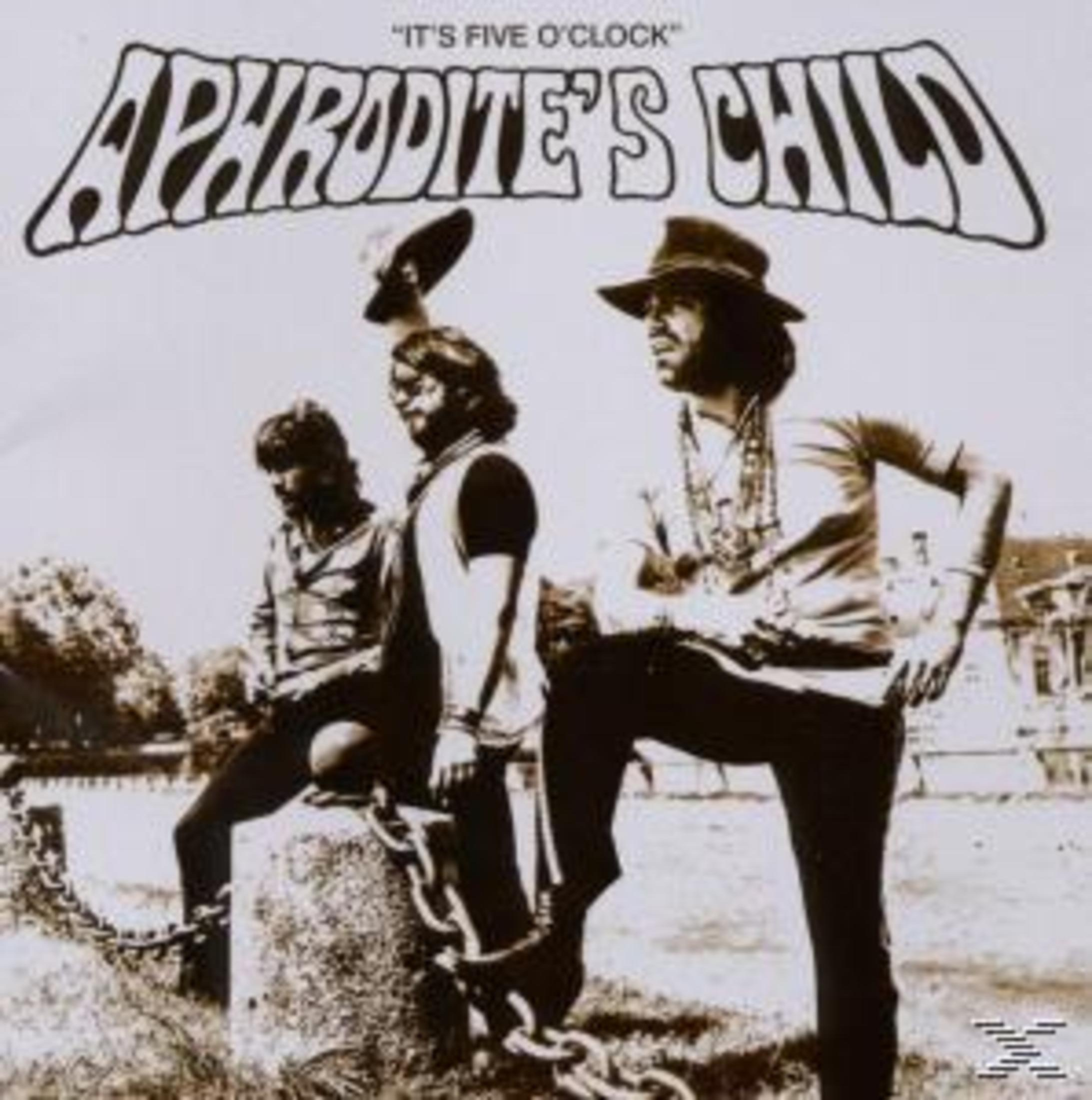 Albumcover von Aphrodite's Child. Drei Männer posieren vor einem Gebäude. Der Bandname steht über ihren Köpfen.