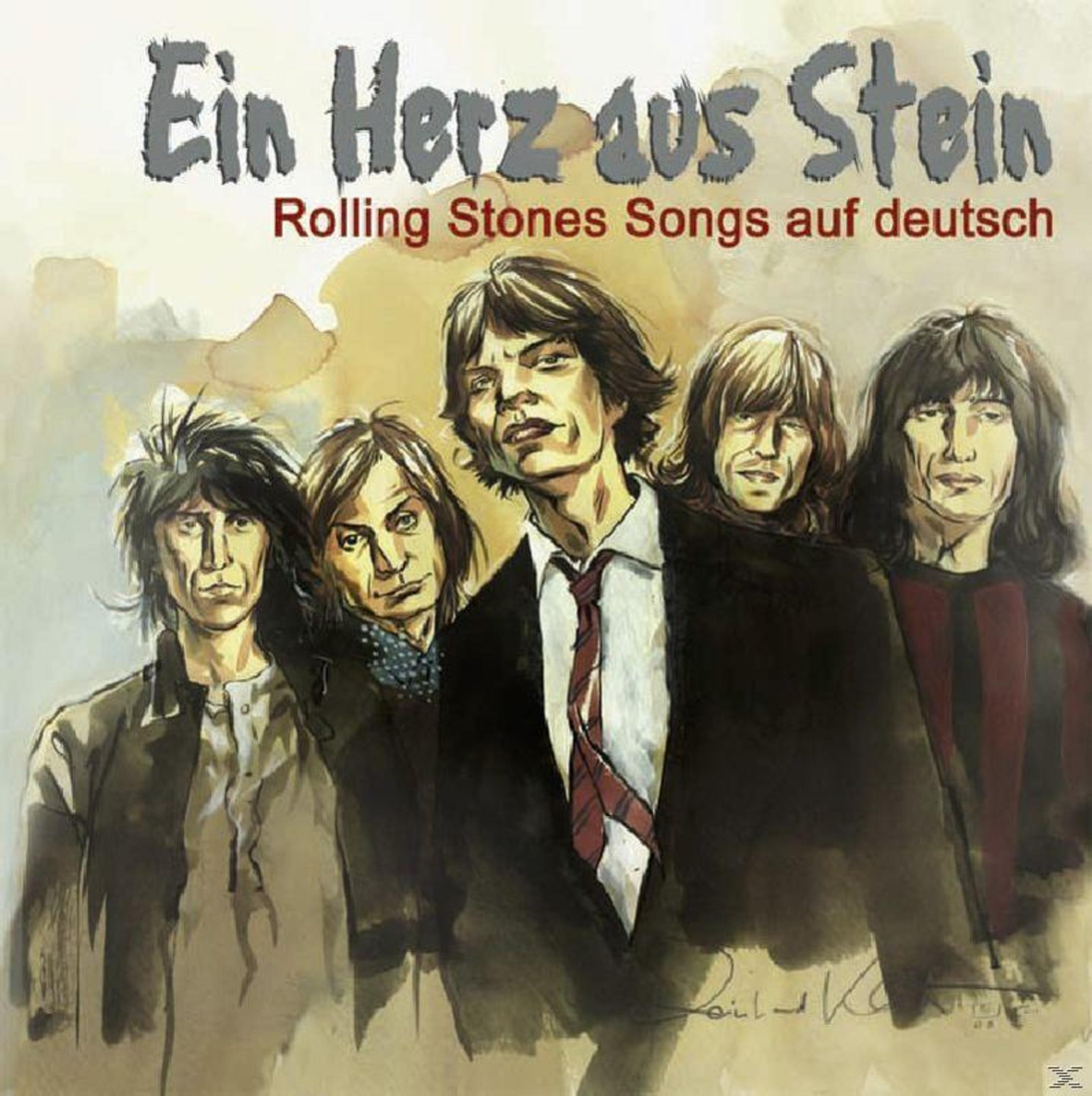 Albumcover-Kunst mit den Rolling Stones. Text sagt 'Ein Herz aus Stein' und 'Rolling Stones Songs auf deutsch'.