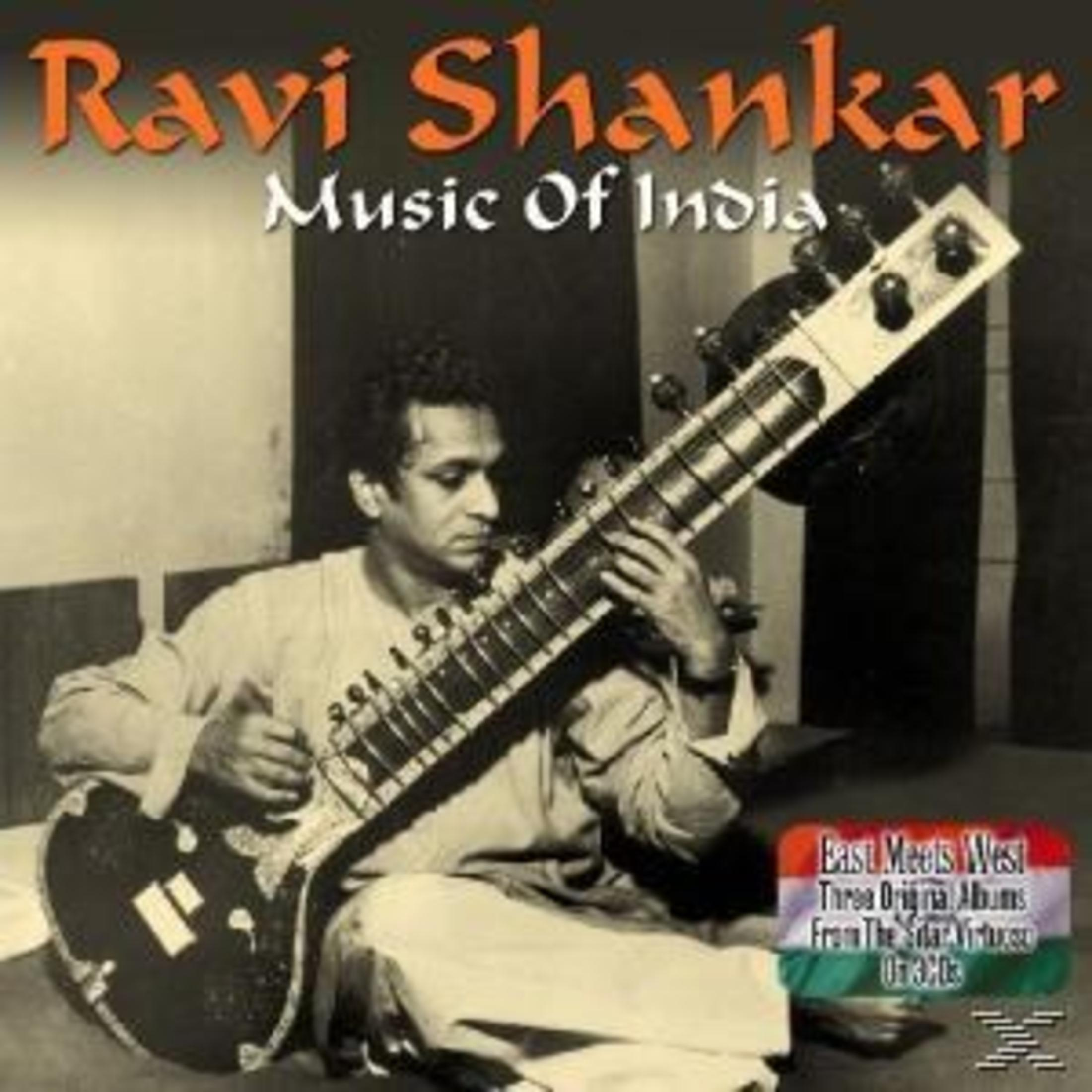 Albumcover von Ravi Shankar, der eine Sitar spielt. Der Text lautet 'Ravi Shankar Music Of India' und 'East Meets West'.