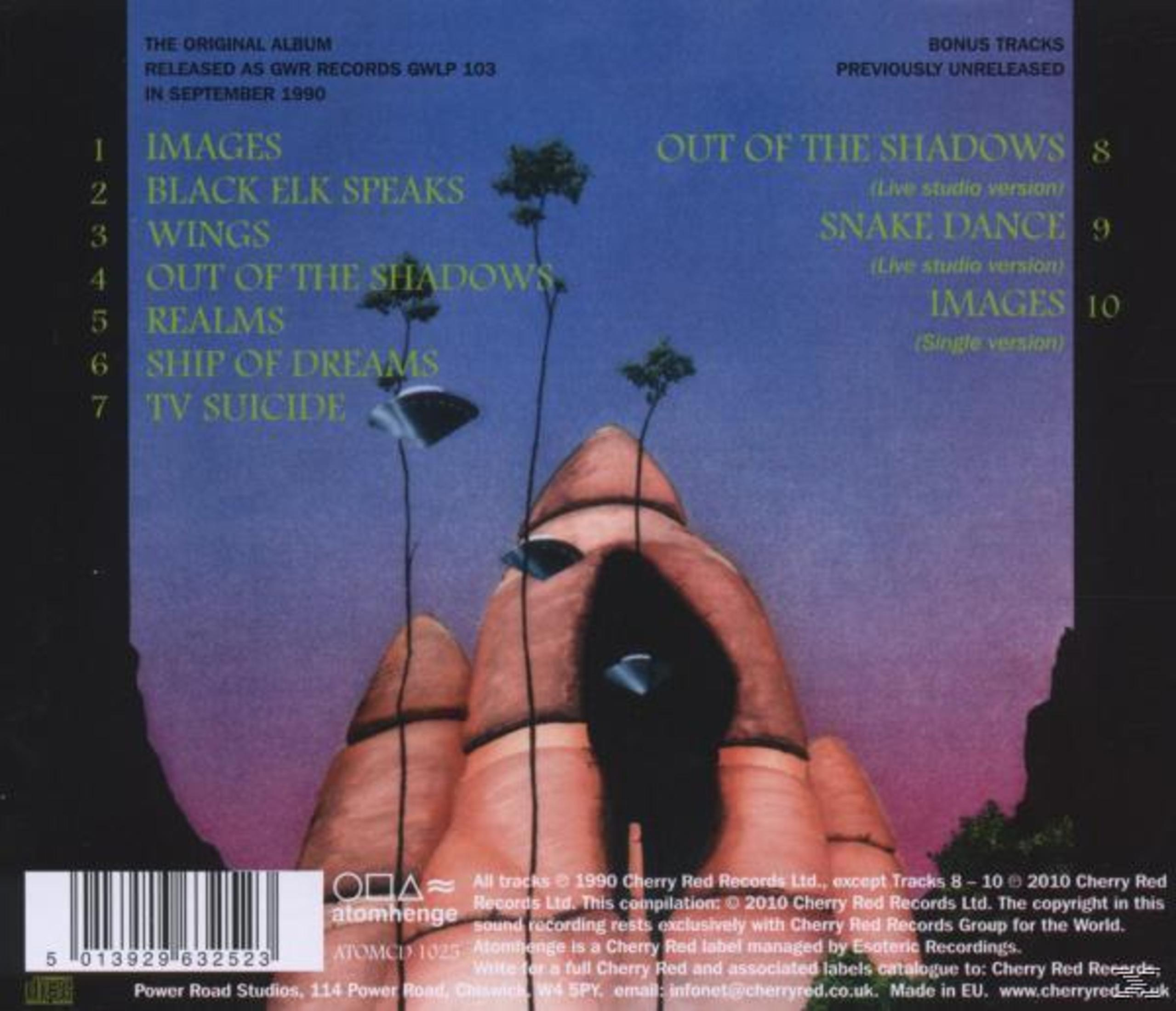 Albumcover mit stilisierten Strukturen, Bäumen und Text auf blau-violettem Hintergrund.