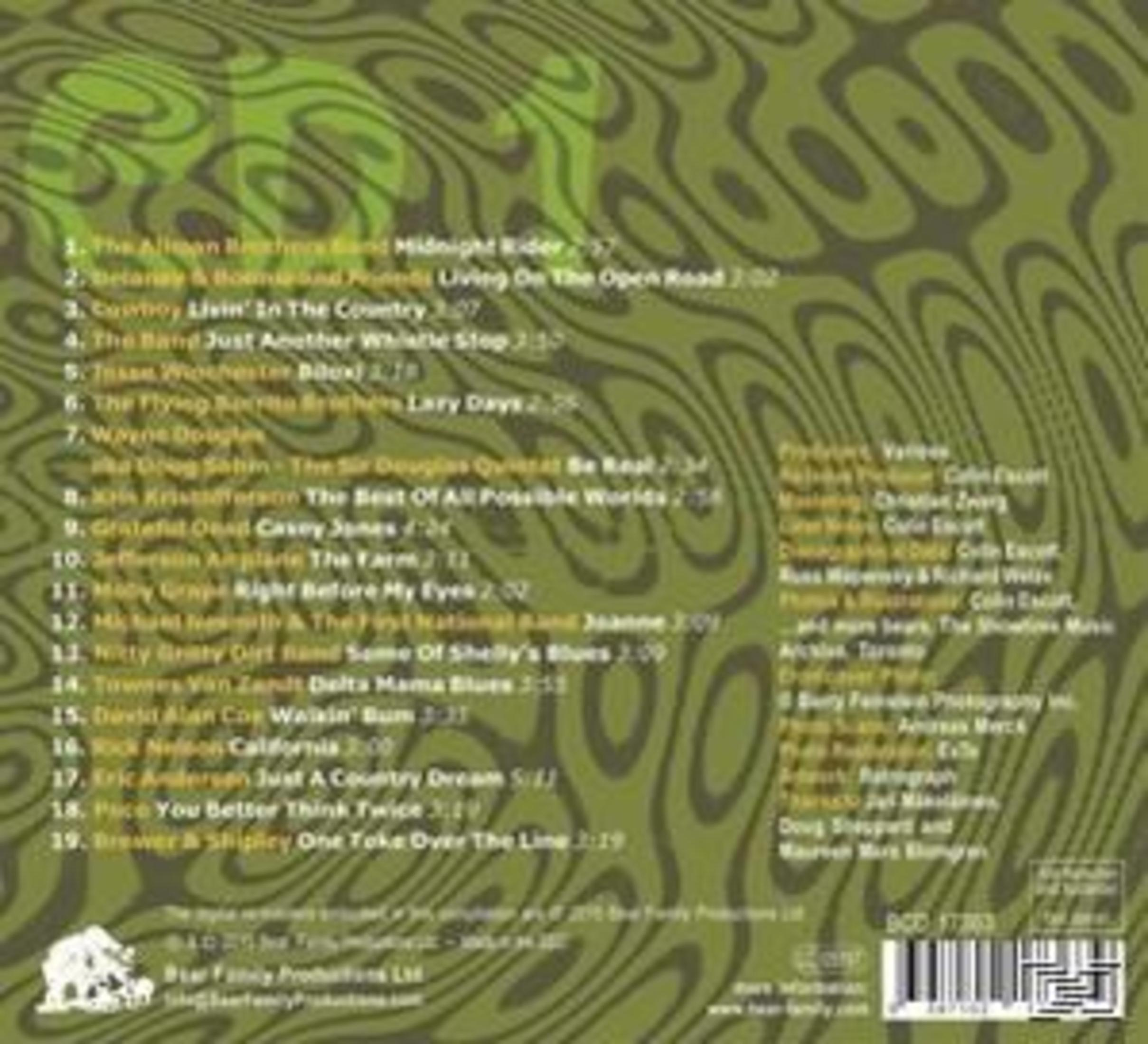 Albumcover mit grünem, wirbelndem Muster. Text listet Songtitel und Interpreten auf. Unten ist ein Bärenlogo.