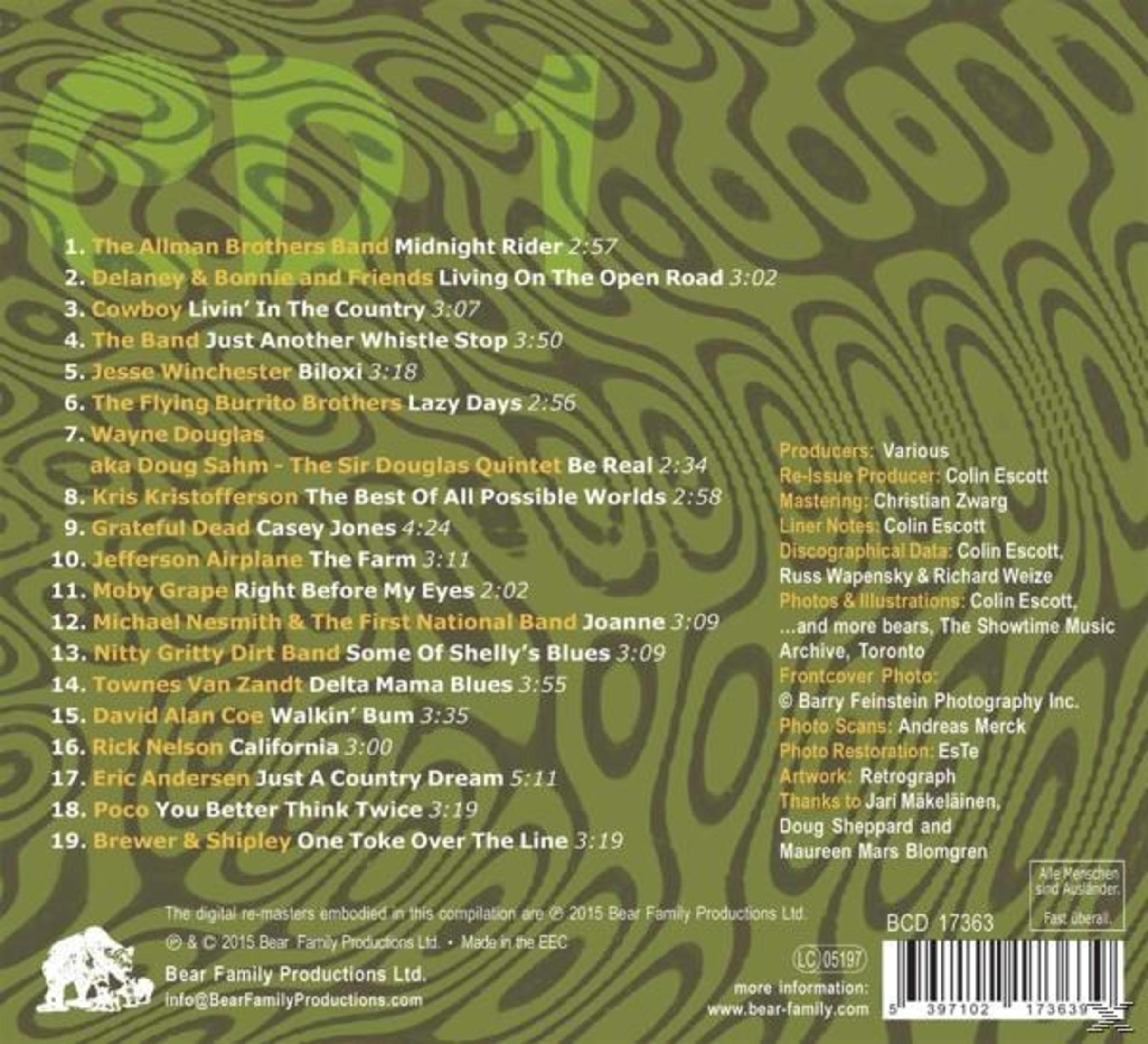 Albumcover mit einem grün-braunen Wirbelmuster. Text listet Songtitel und Künstlernamen auf. Der Text hat weiße und gelbe Schriftarten.