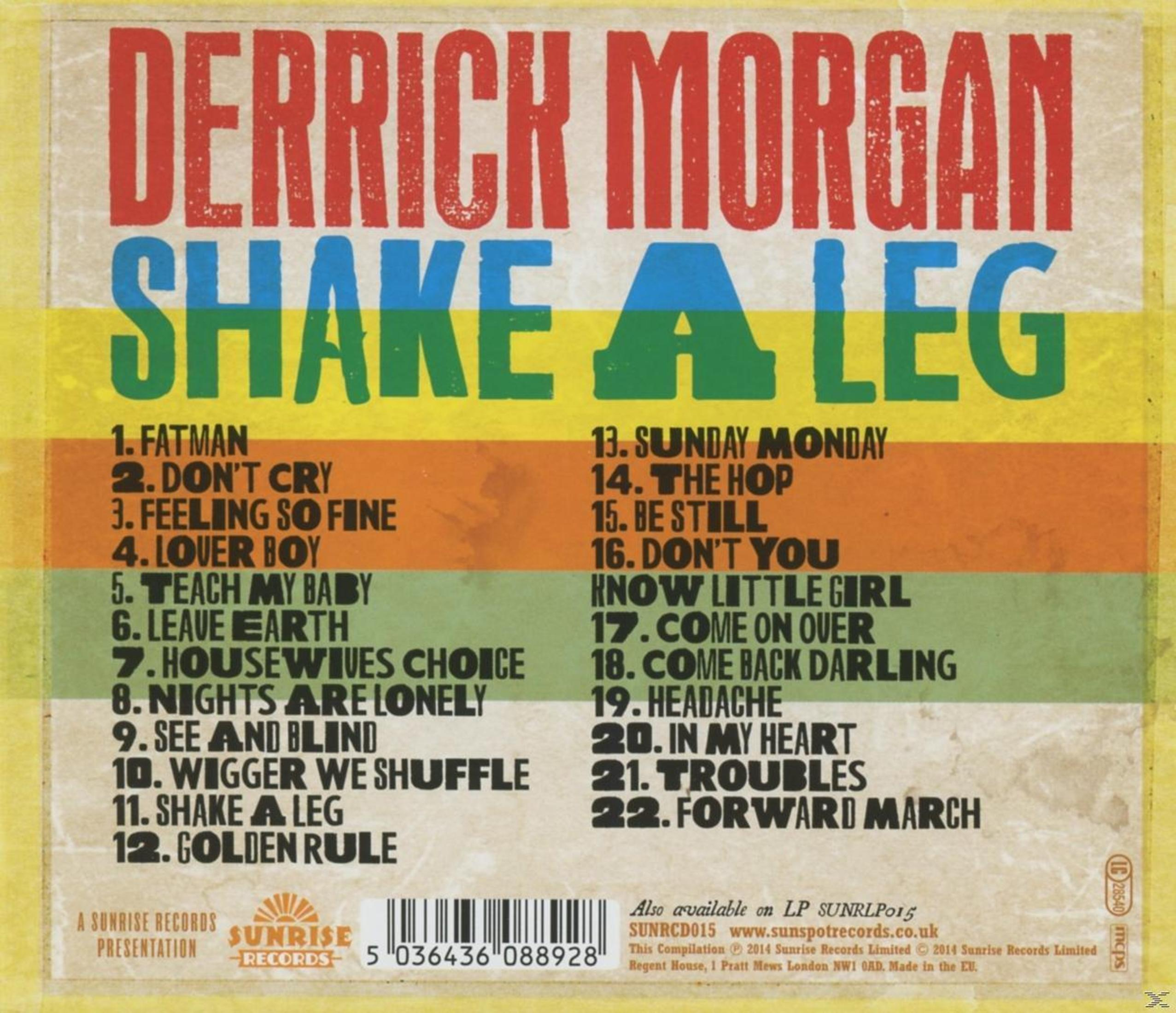 Albumcover mit rotem und blauem Text mit der Aufschrift "Derrick Morgan Shake a Leg" über einer Titelliste. Der Hintergrund ist mehrfarbig.