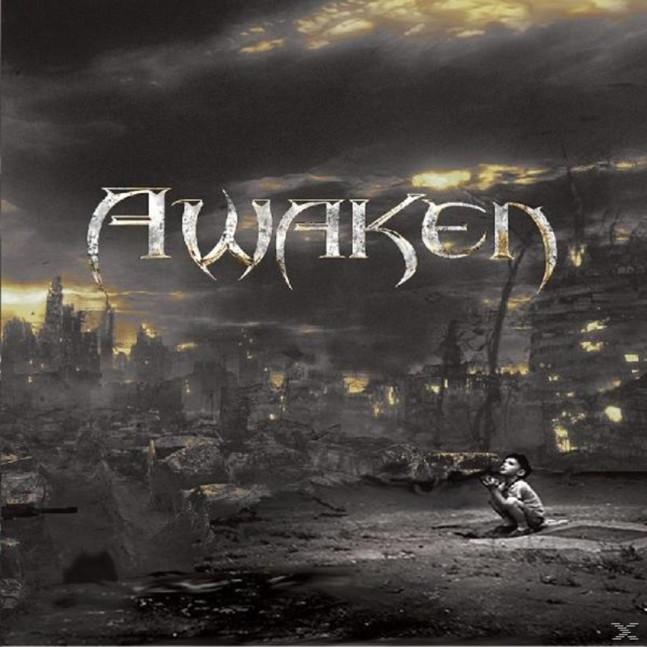 Apocalyptische scène met 'Awaken'-tekst, een kind en verwoeste gebouwen onder een stormachtige hemel.