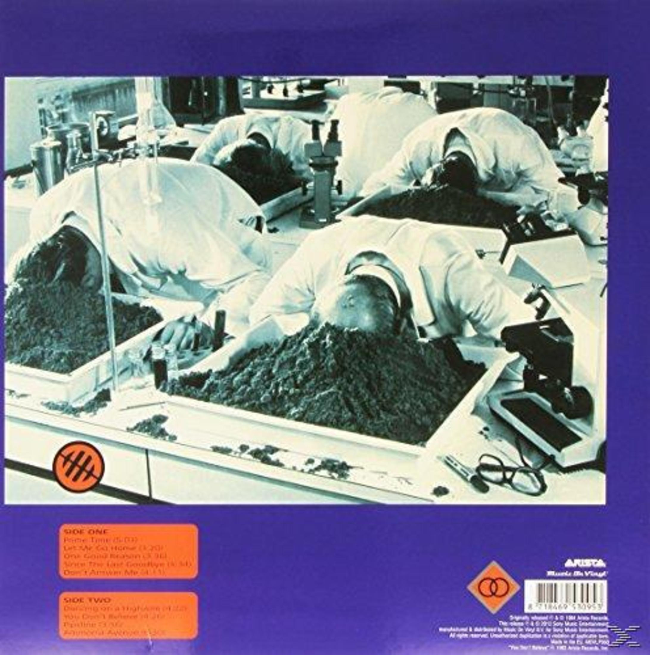 Albumcover. Menschen in weißen Laborkitteln liegen mit dem Gesicht nach unten in Schalen mit dunklem Boden. Mikroskope und Laborgeräte sind sichtbar.
